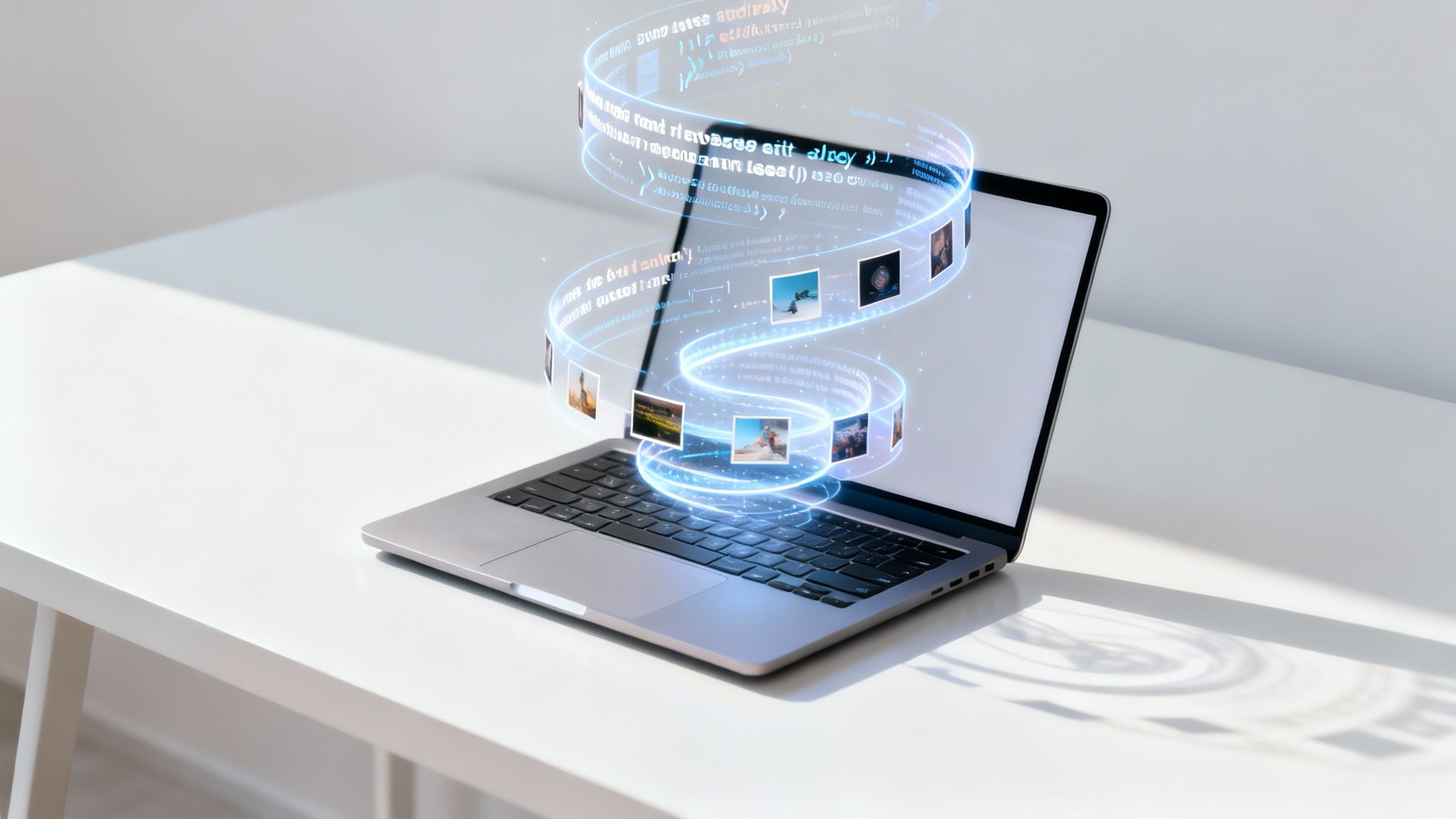 Laptop on a white desk with a glowing blue data stream displaying multiple images and code.