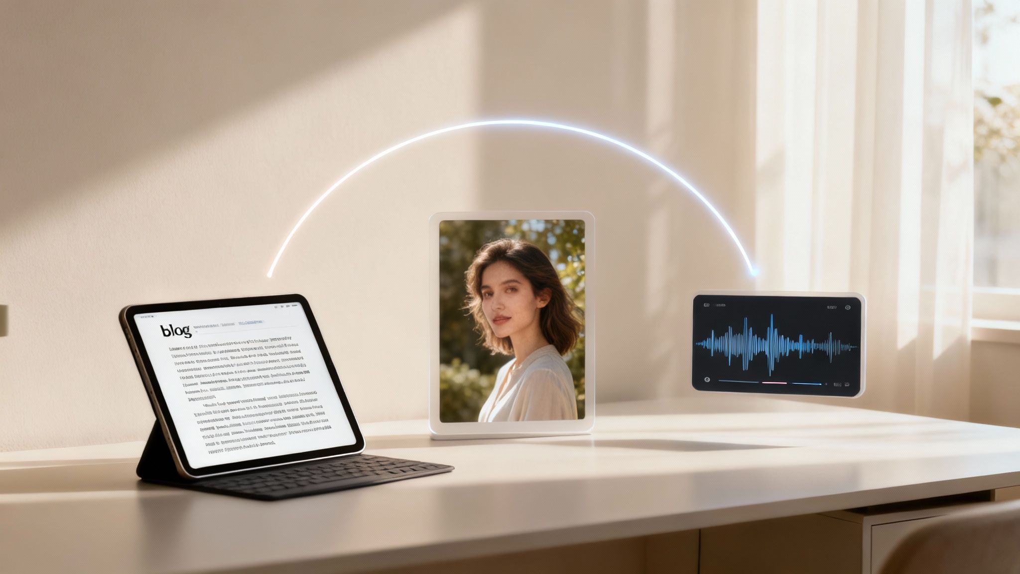Modern workspace showing three digital devices connected, displaying blog, a woman's portrait, and audio waves.