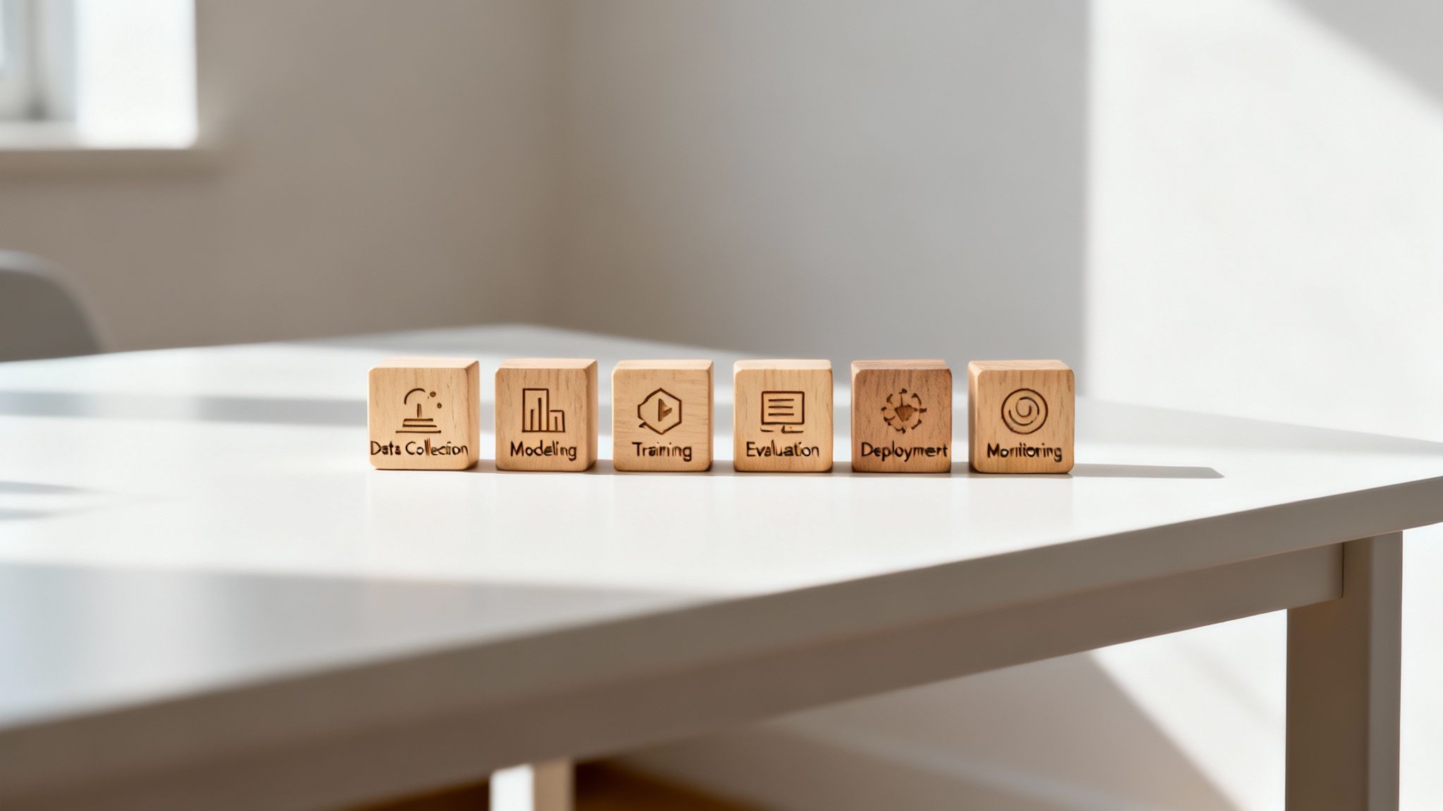 Six wooden blocks display the stages of AI and machine learning development on a white table.