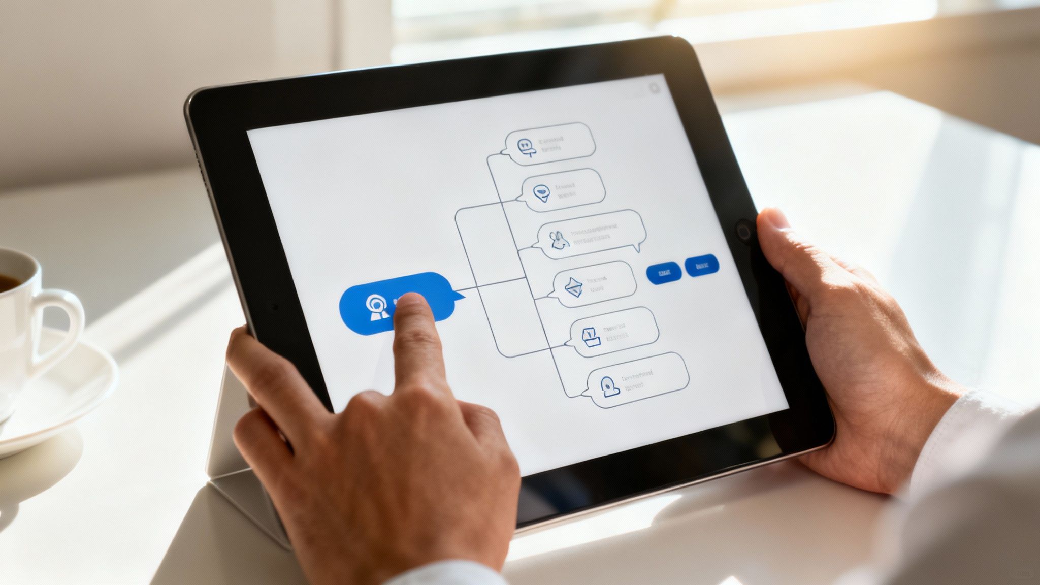 Two customer service agents discussing a problem on their computer in a modern office.