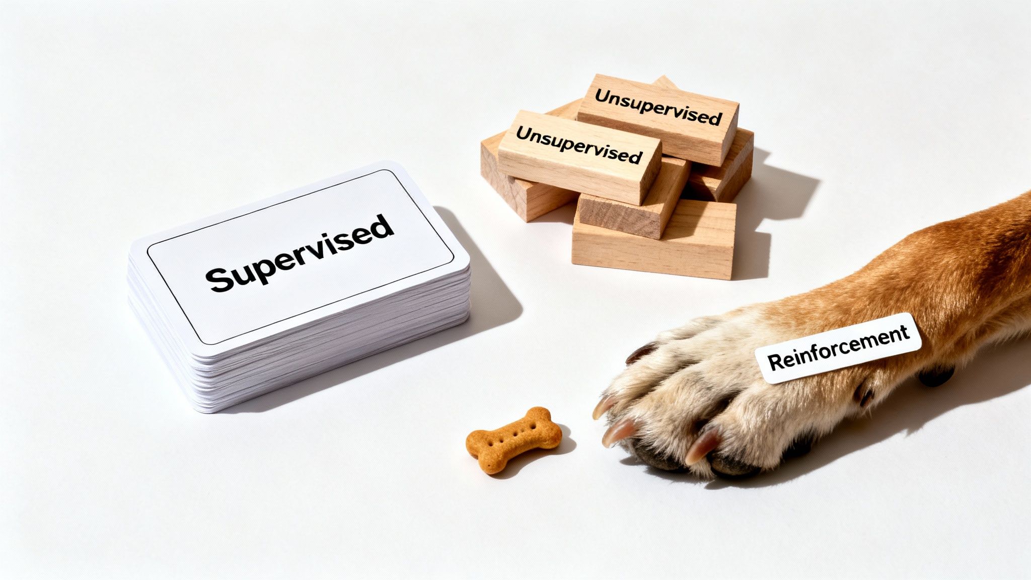 A dog paw with a 'Reinforcement' label, a biscuit, 'Supervised' cards, and 'Unsupervised' blocks illustrating AI.
