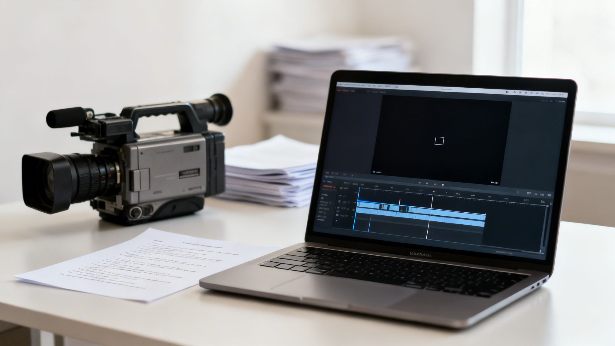 A vintage video camera and a laptop displaying video editing software on a white desk.