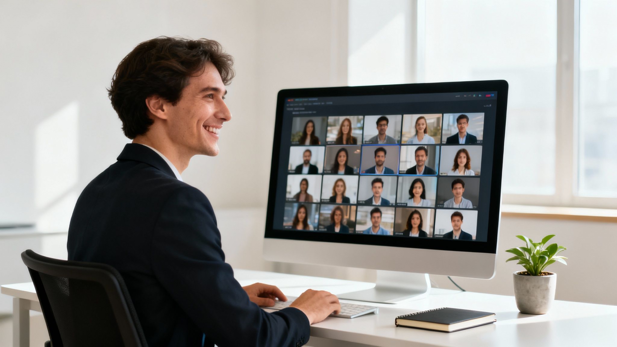 Smiling man in a suit attends a virtual video conference with colleagues on his office computer.