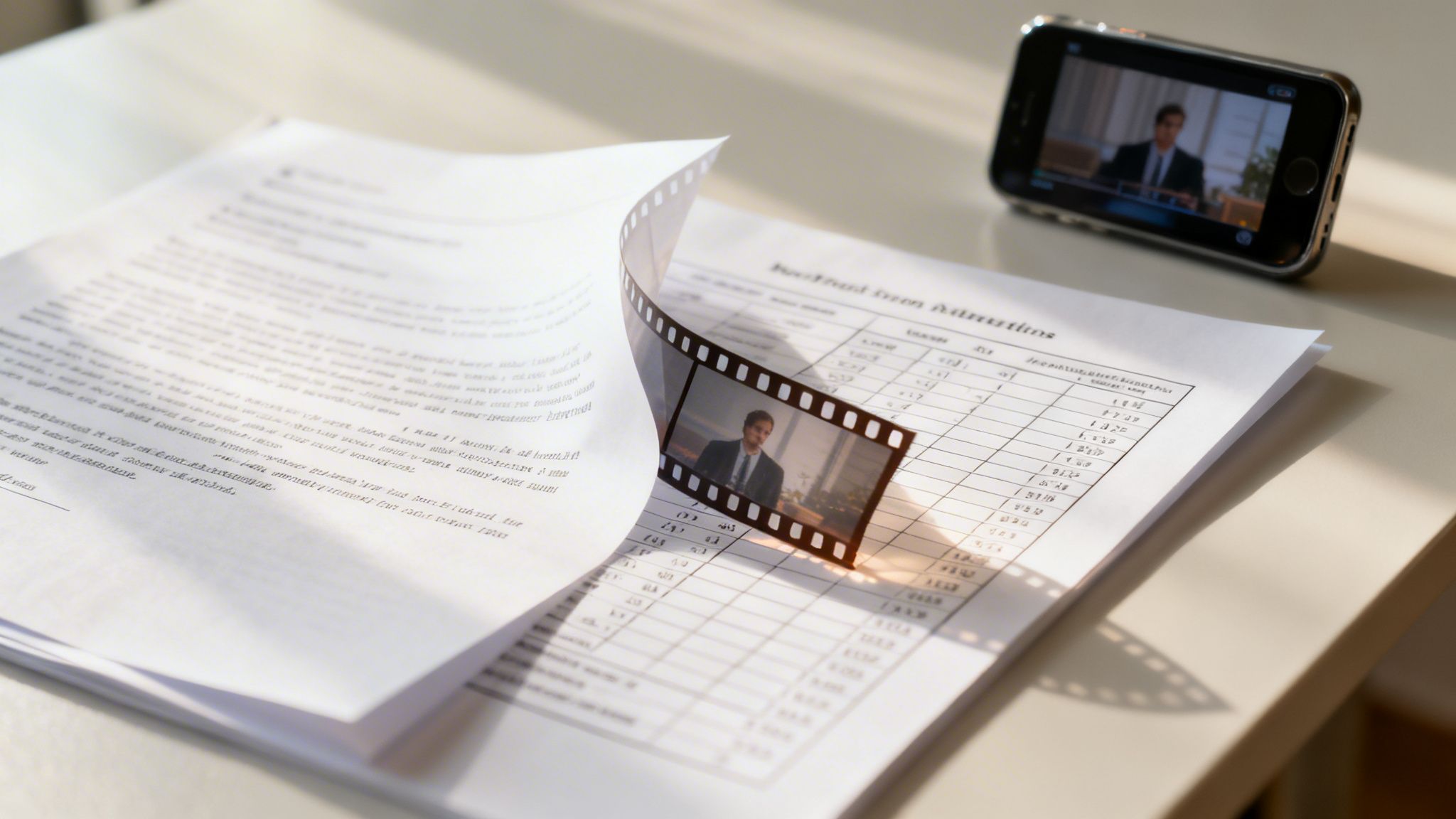 A film strip and a smartphone showing a man, resting on papers on a sunlit desk.
