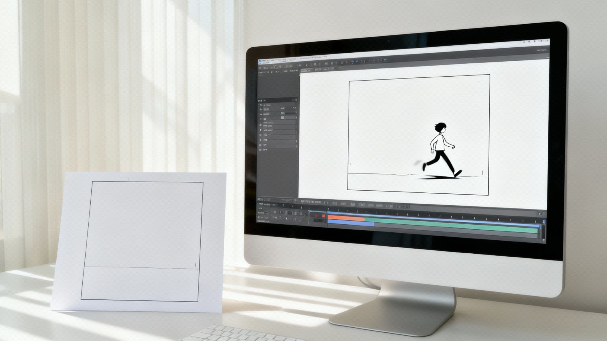 An animator working on a character's movement on a computer screen.