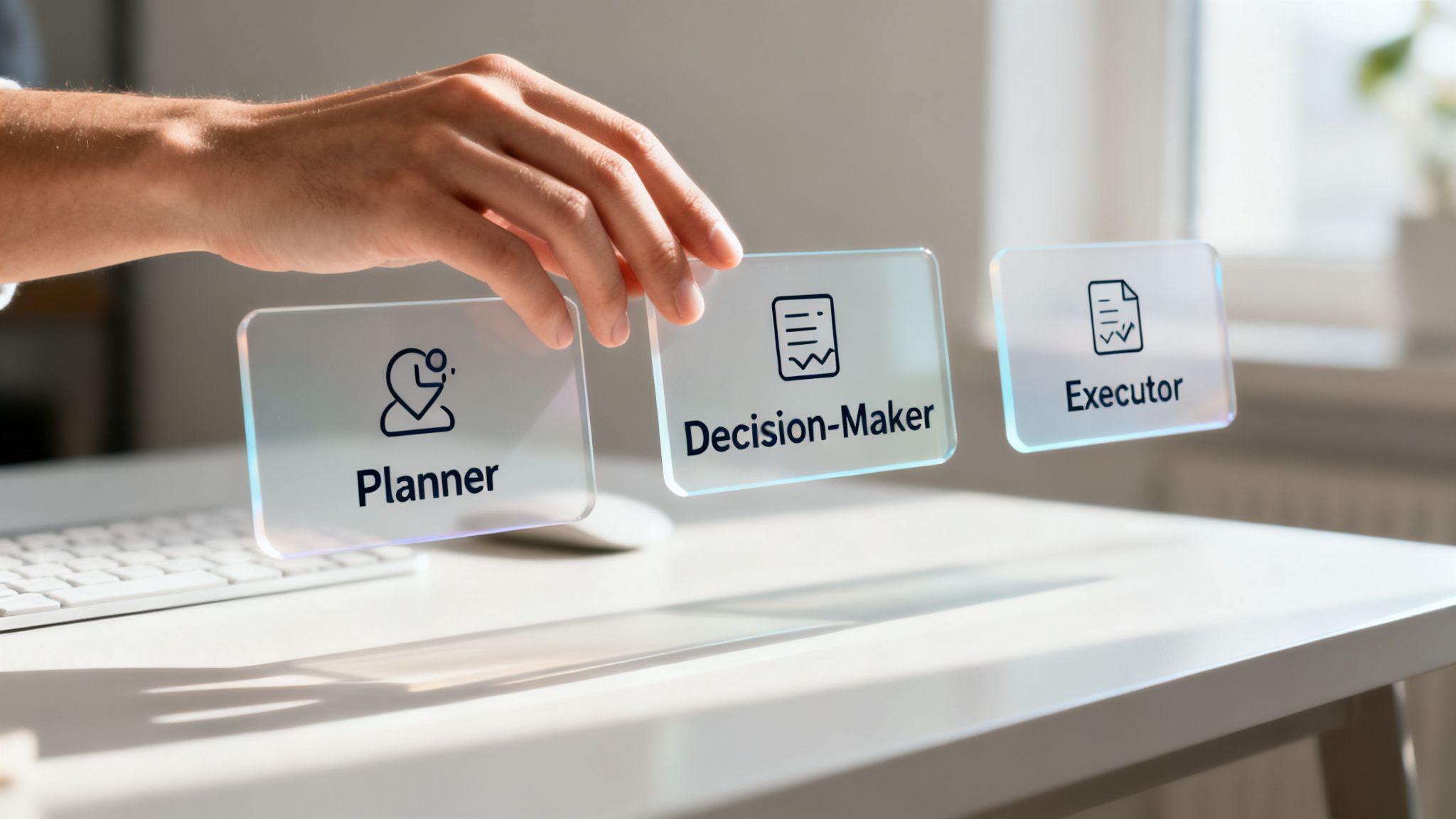 A hand interacts with three translucent virtual cards: Planner, Decision-Maker, and Executor.
