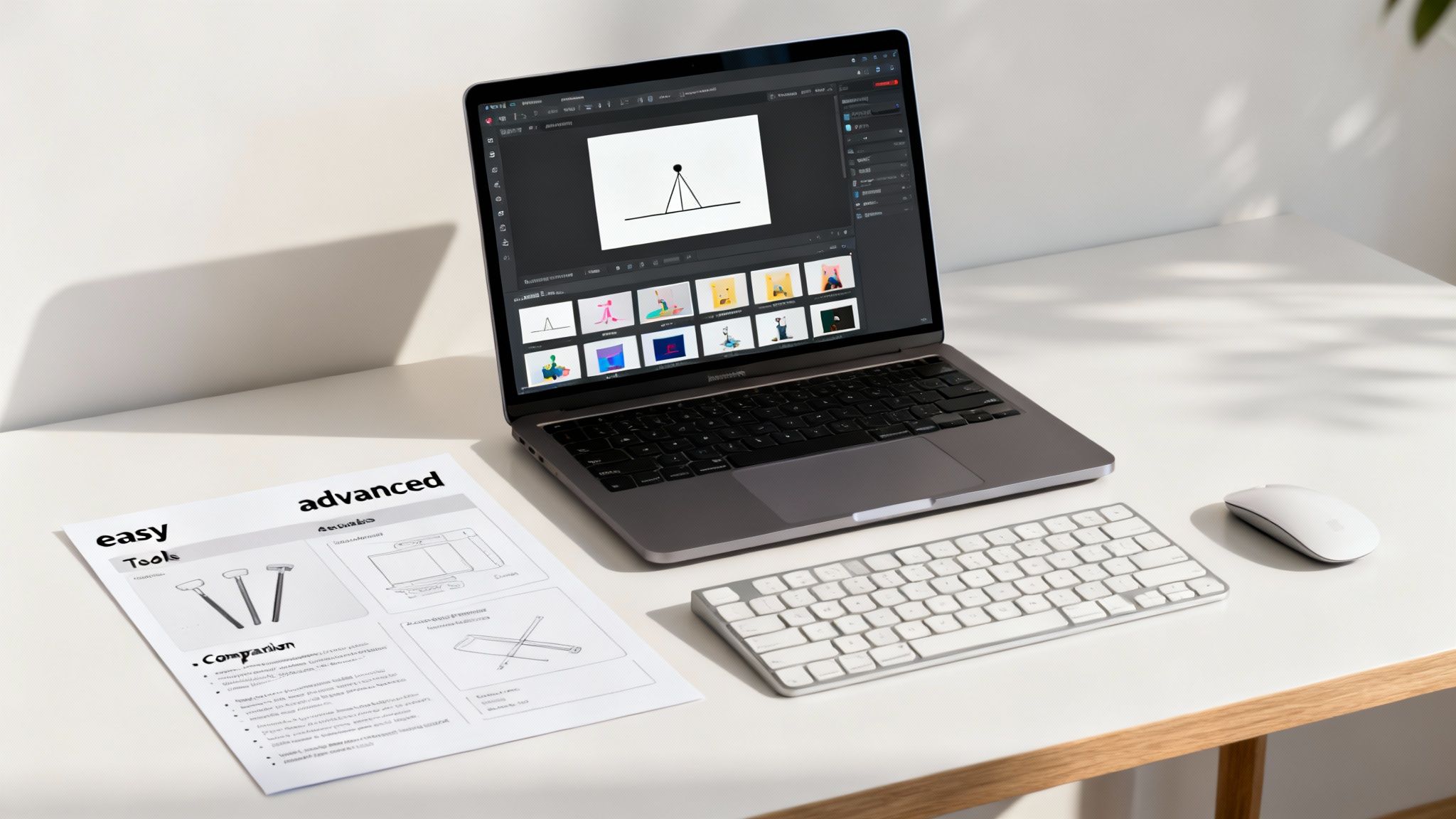 An illustration of a computer screen with a Wideo project on it, showing the timeline and assets.