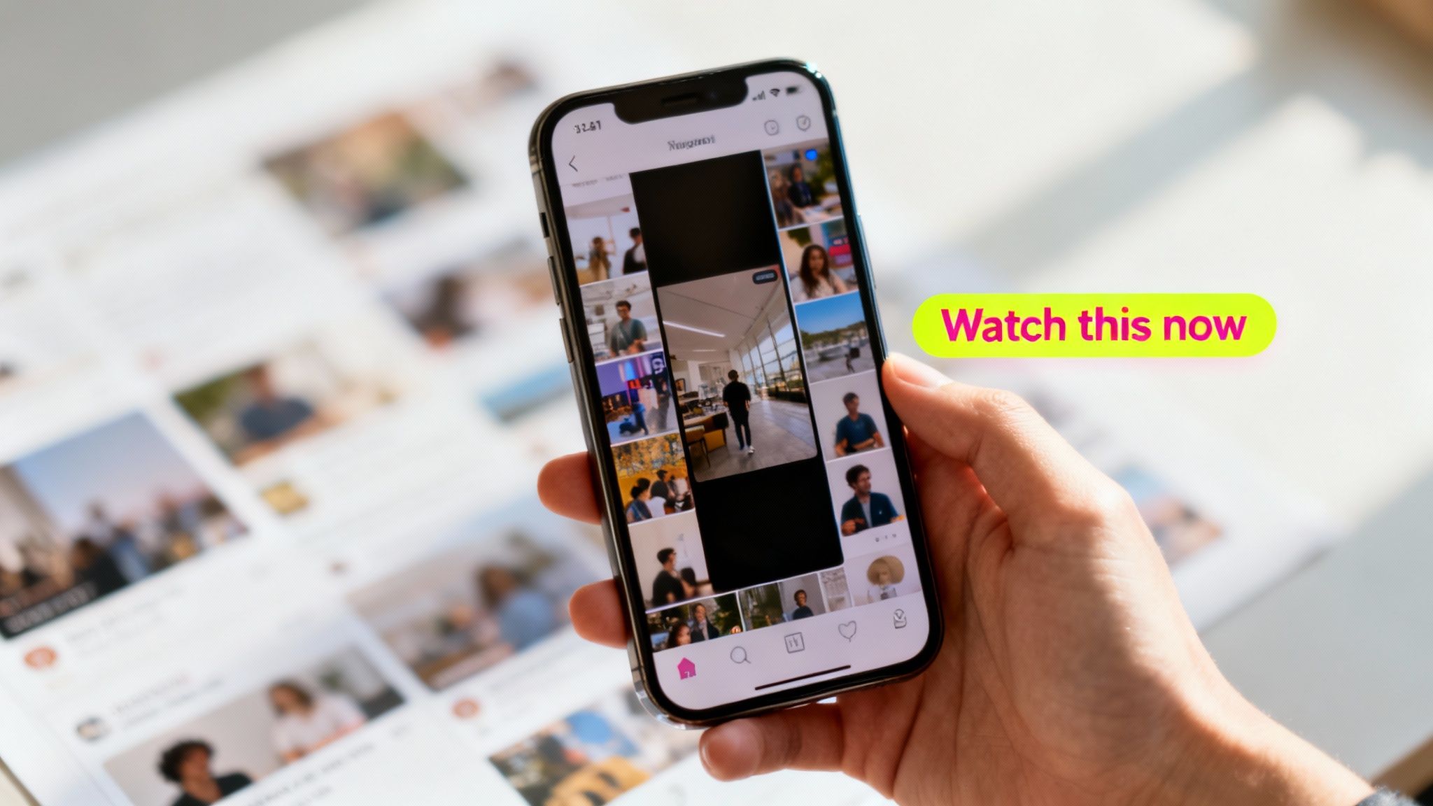 A hand holds a smartphone displaying a grid of various photos and videos, with a 'Watch this now' text bubble.