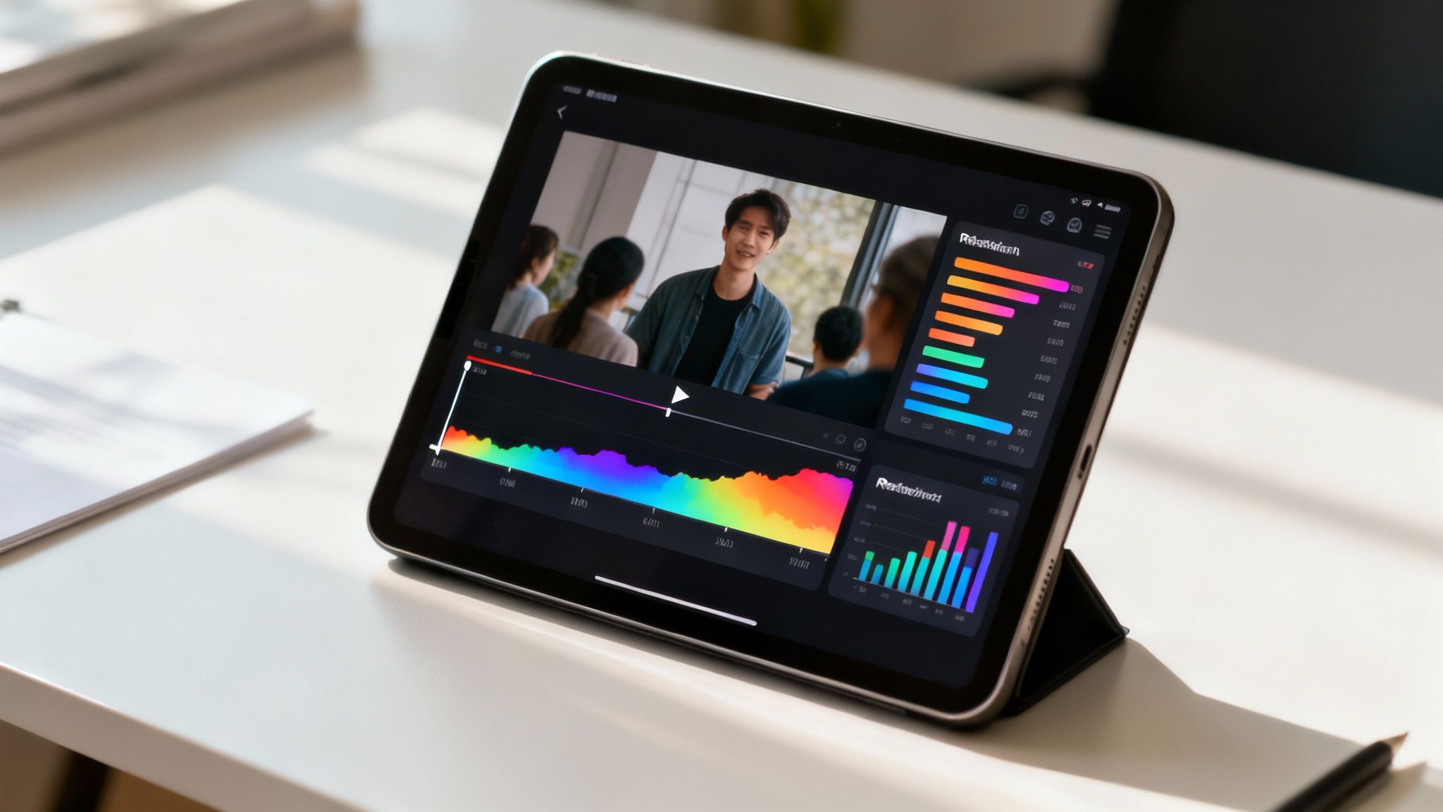 A tablet displaying video editing software with a man smiling, colorful graphs, and data visualizations on a white desk.