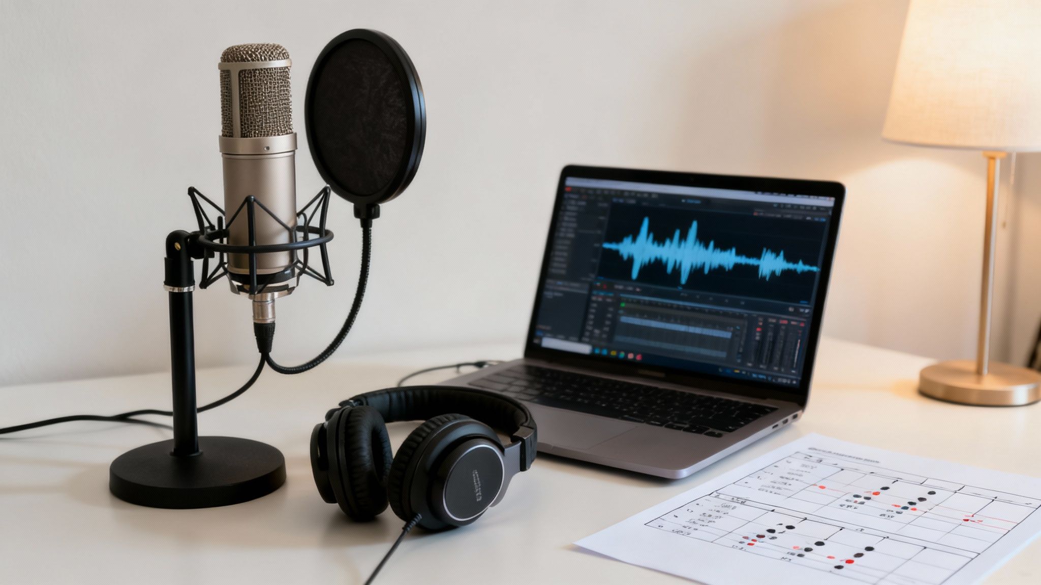 An illustration showing sound waves and audio editing tools over an animation timeline.