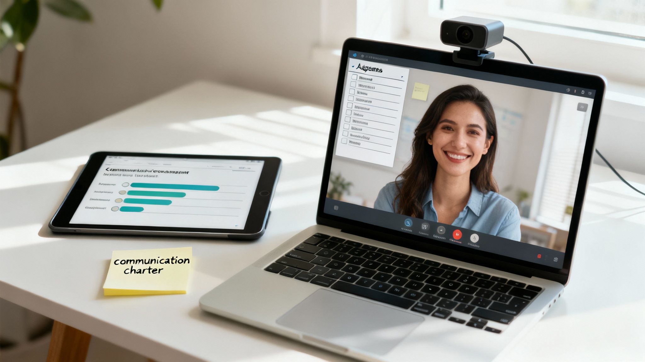 A diverse remote team collaborating on a video call, with organized notes and a clear agenda visible on screen.