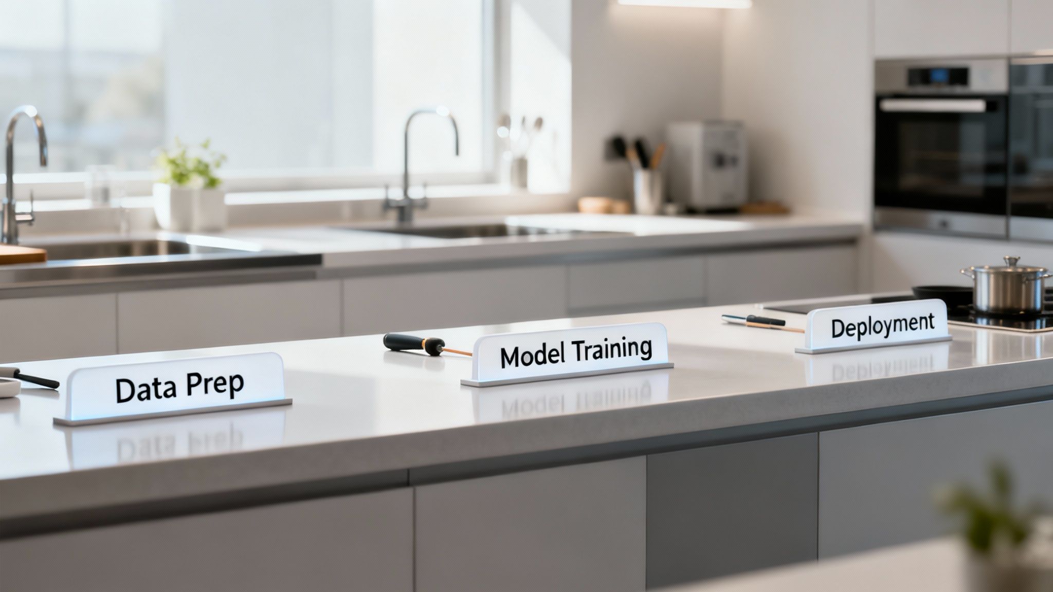 Three illuminated signs on a modern kitchen counter display 'Data Prep', 'Model Training', and 'Deployment' stages of AI.
