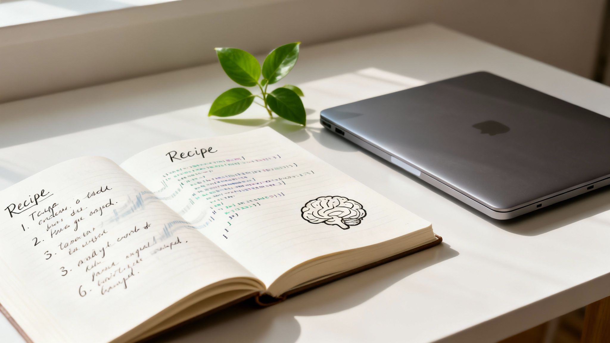 Open notebook with handwritten recipes and code, a laptop, and a plant on a sunlit desk.