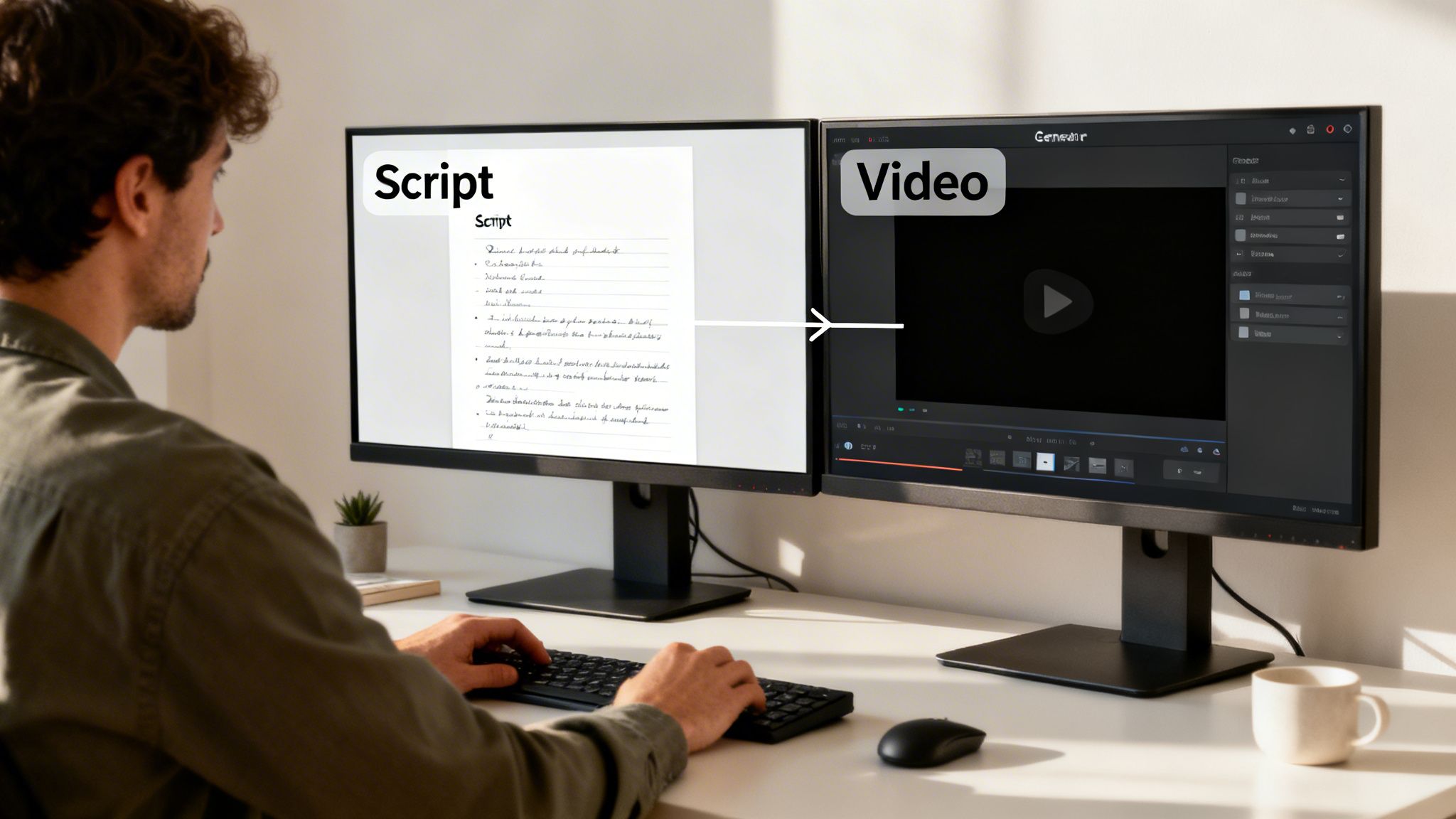 A person uses dual monitors for scriptwriting and video editing, showing a creative workflow.