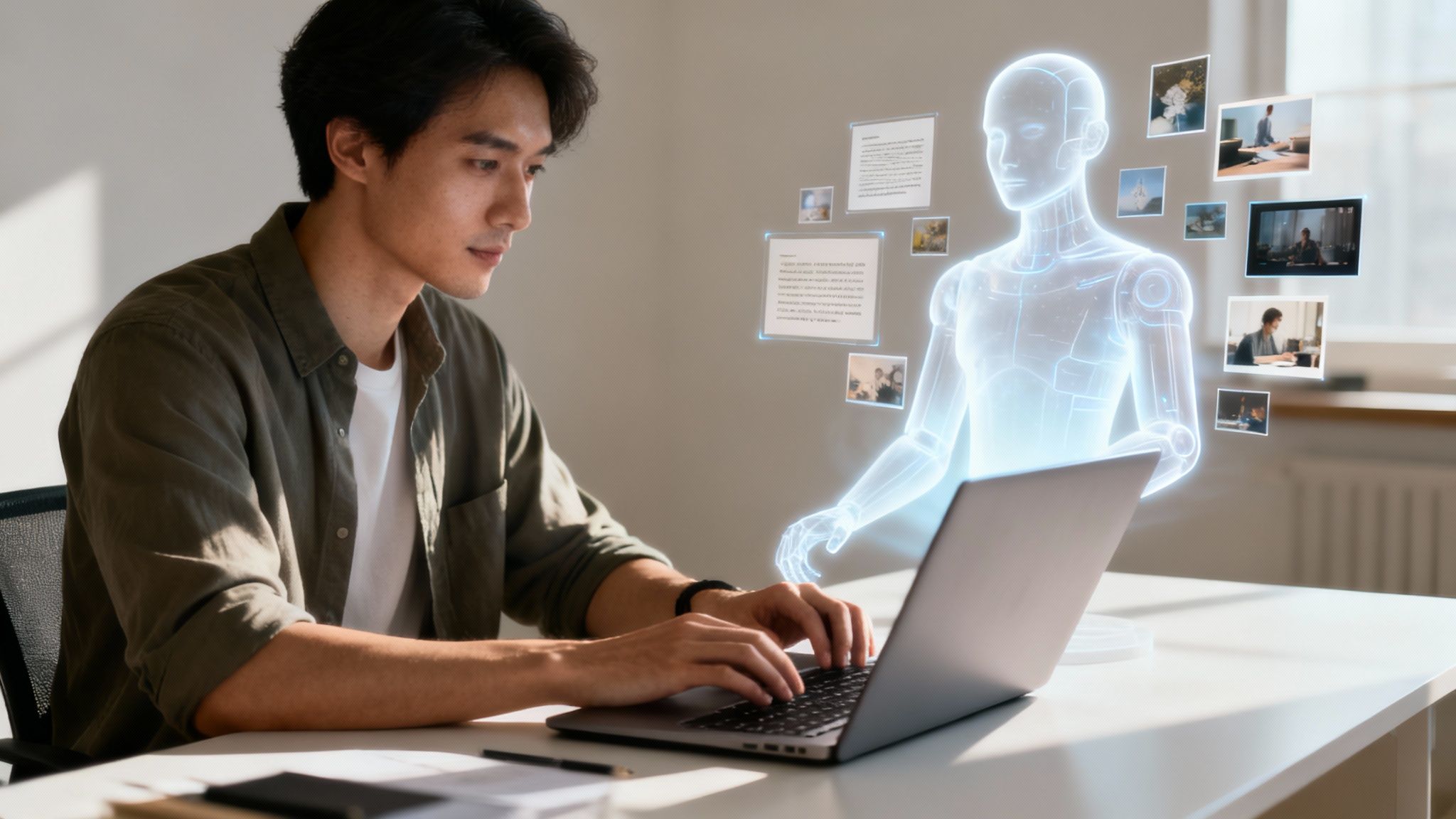 A man uses a laptop, interacting with a holographic AI assistant displaying virtual documents and images.