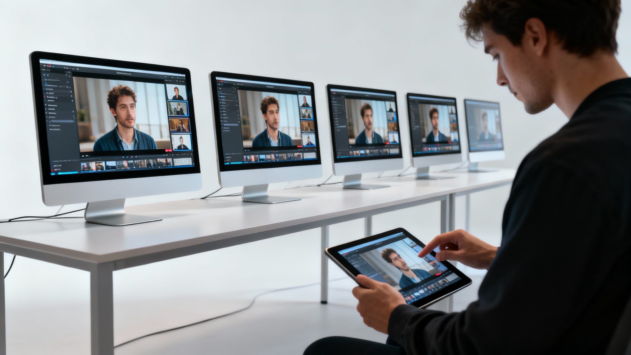 A man edits video on a tablet, with a row of five desktop monitors displaying the same video editing software.
