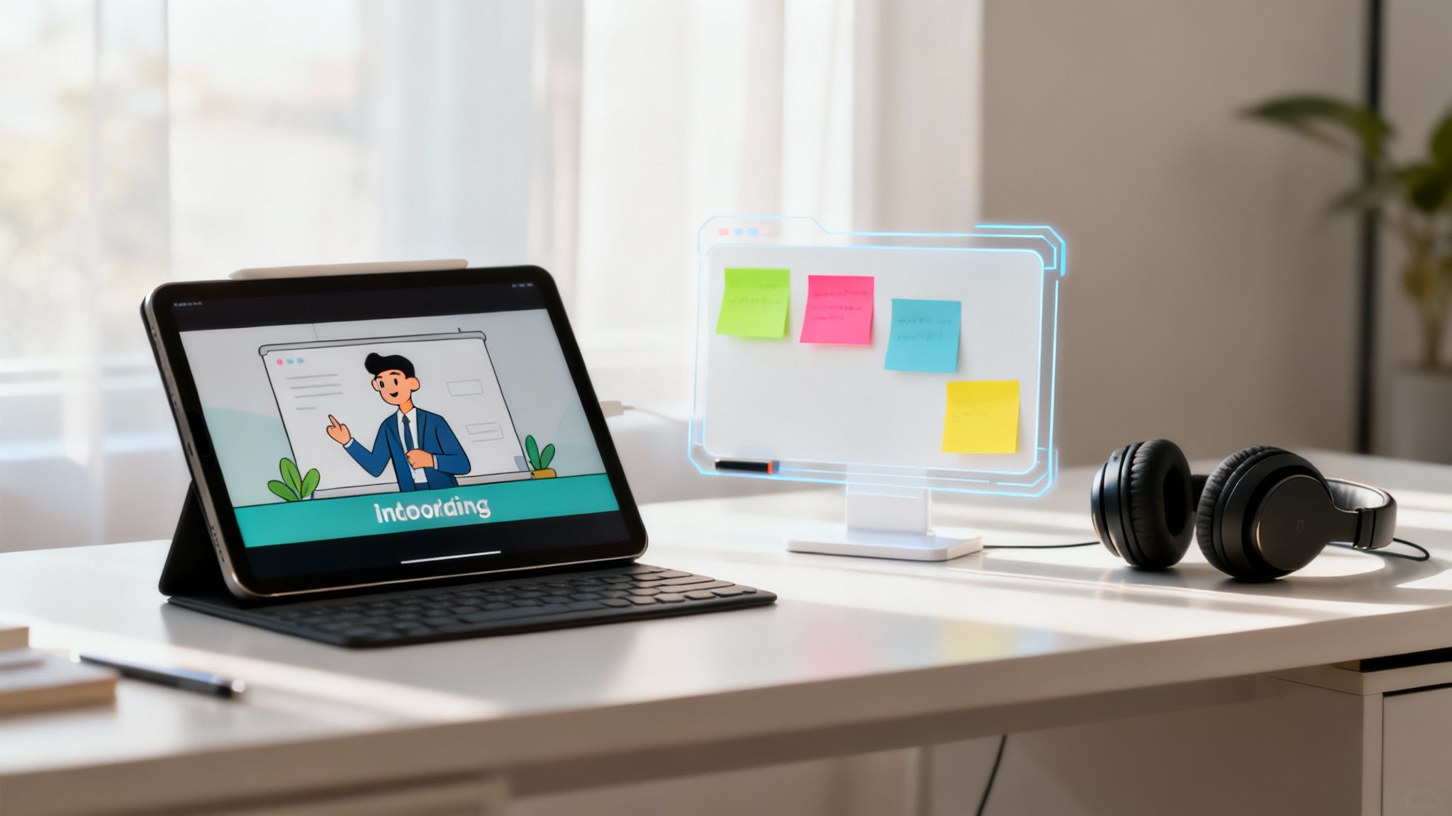 A team using technology to connect, showing a virtual whiteboard with creative ideas.