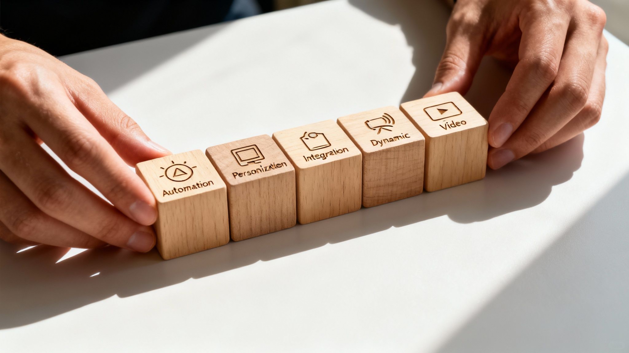 Hands arranging wooden blocks displaying business technology concepts: Automation, Personalization, Integration, Dynamic, Video.