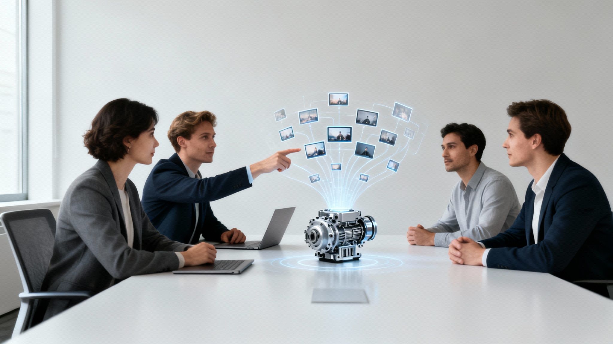Four business professionals in a meeting room, interacting with a holographic display of videos from a central AI machine.