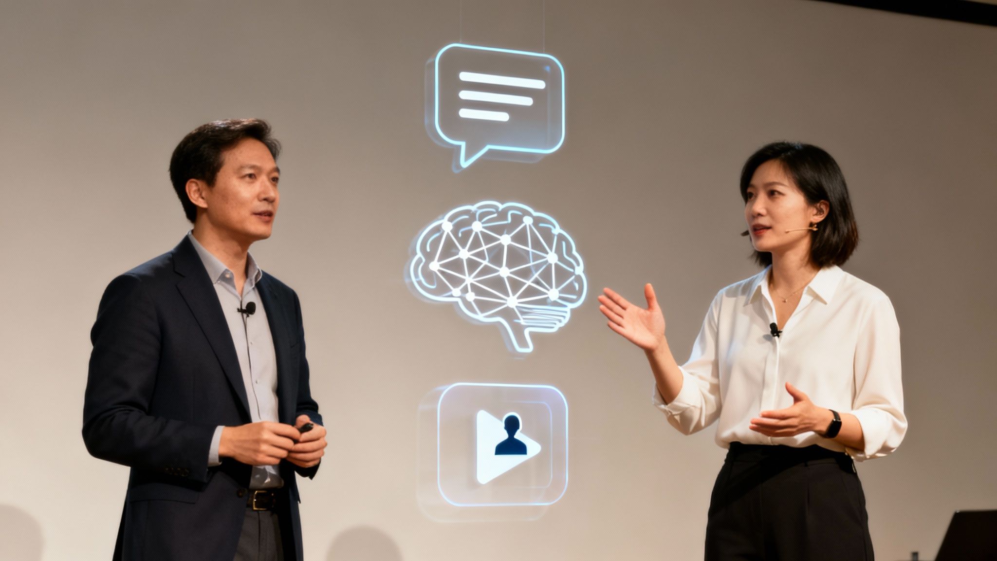 Two presenters discuss AI and digital communication, featuring holographic chat, brain, and avatar icons.