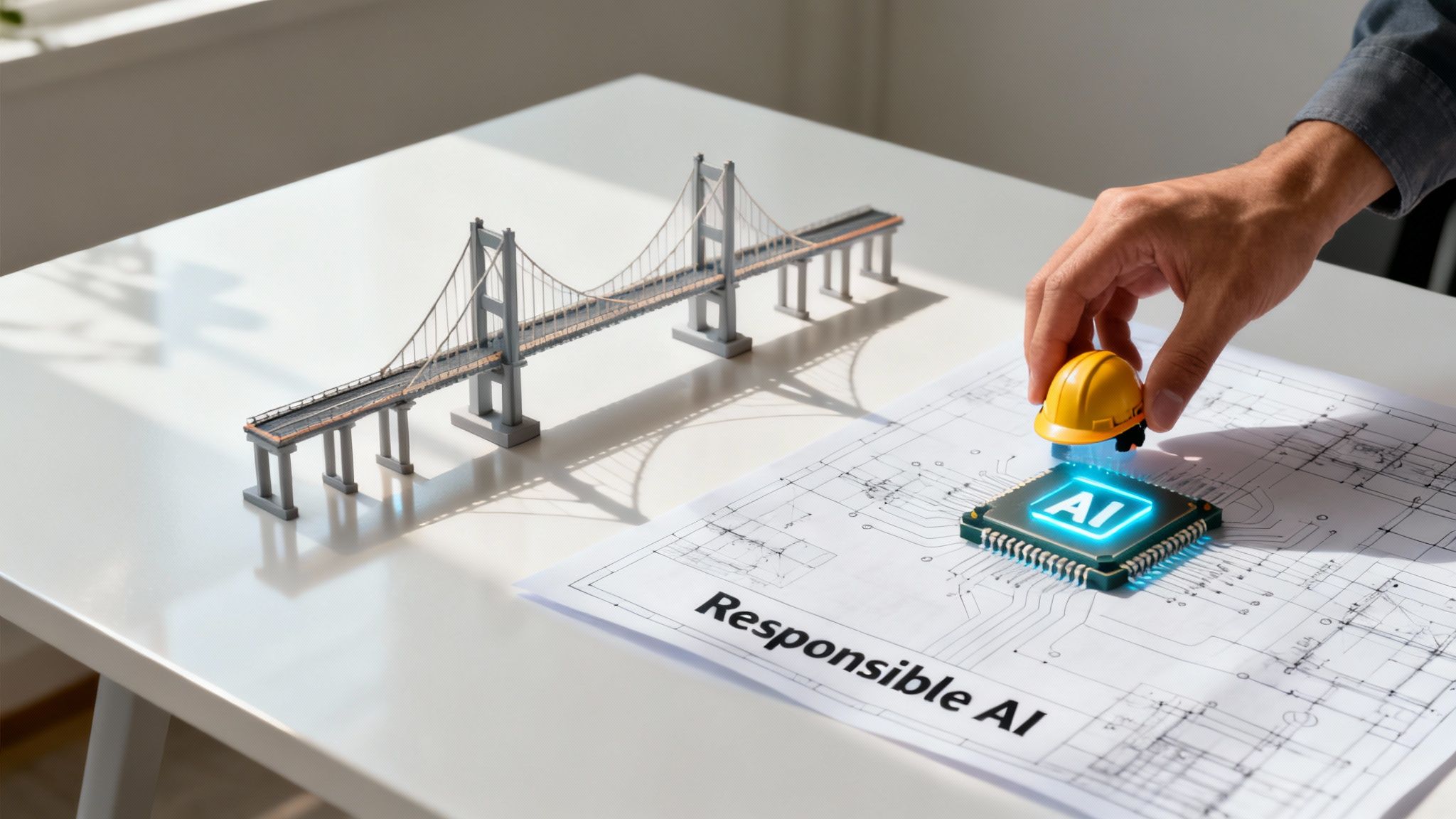 Hand placing yellow hard hat on AI chip with bridge model and responsible AI blueprint