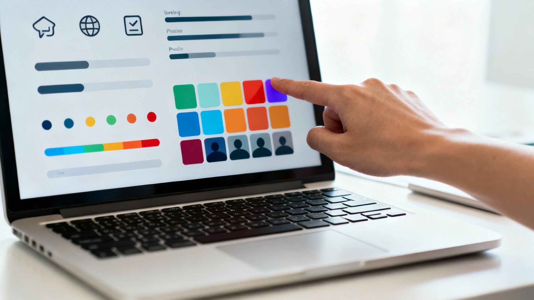 Person pointing at colorful UI design palette and user profile icons on laptop screen