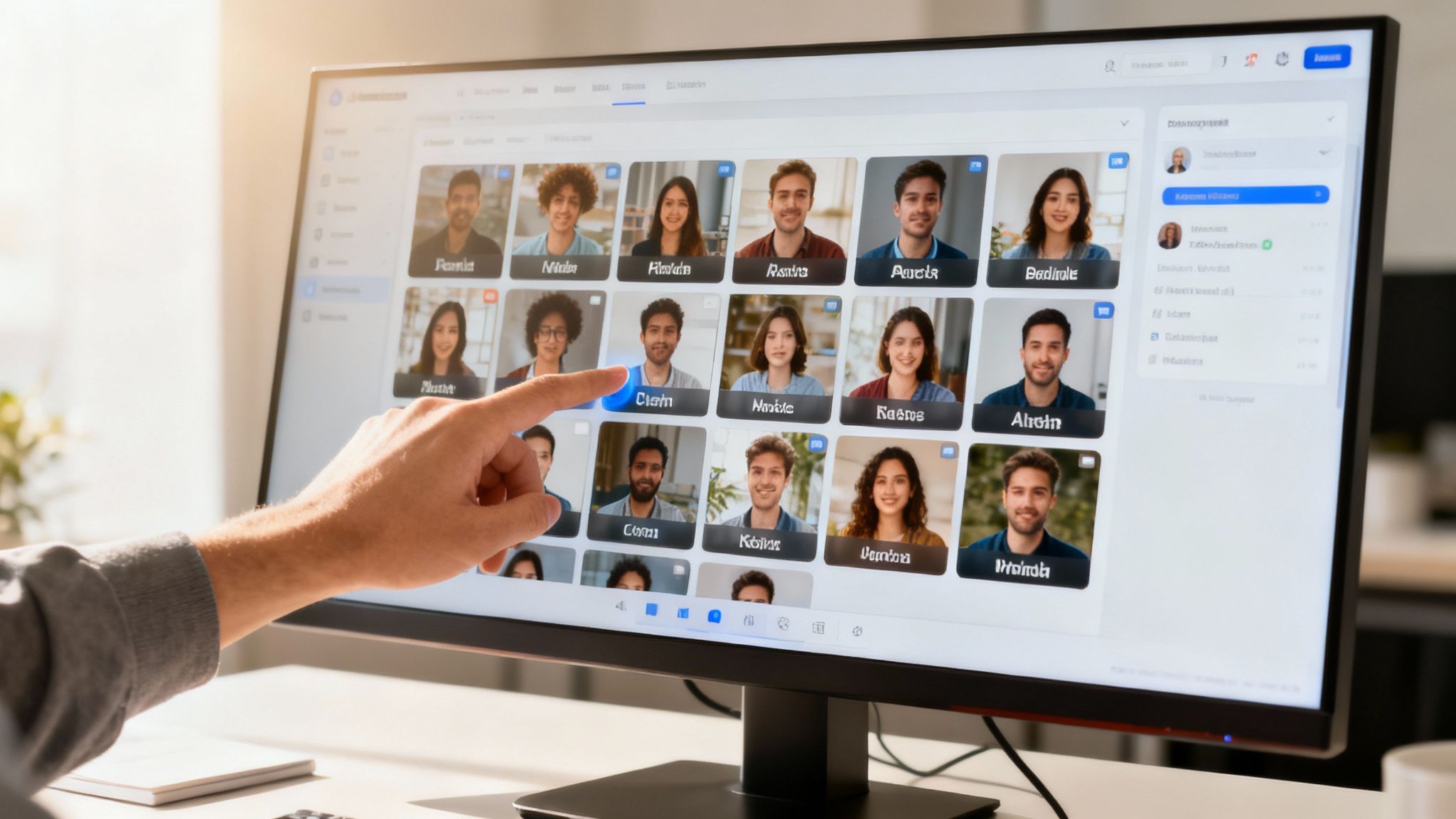 A person's hand interacts with a computer screen displaying a virtual team meeting interface.