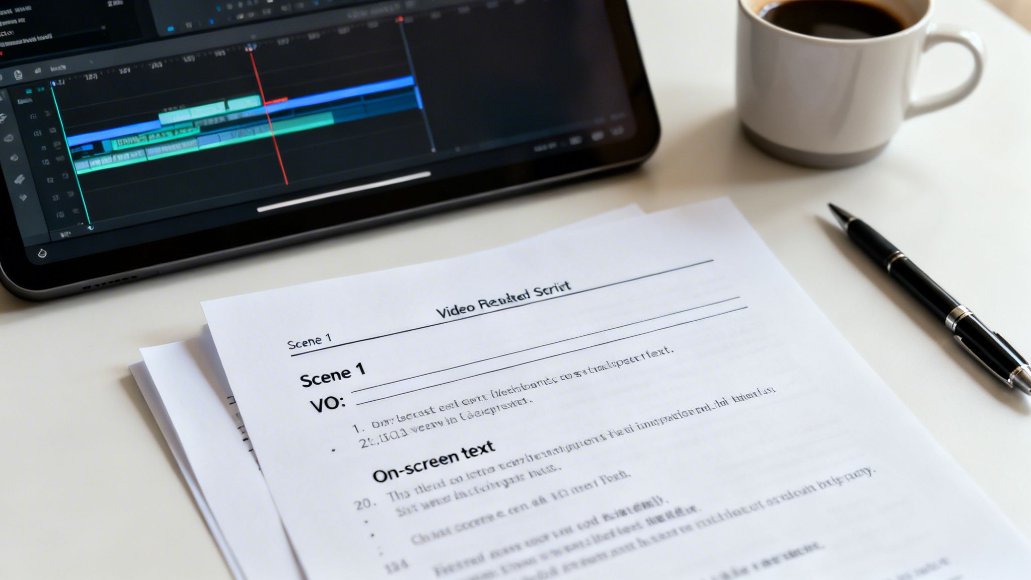 Video editor's desk with a tablet showing a timeline, a script, a pen, and a coffee.