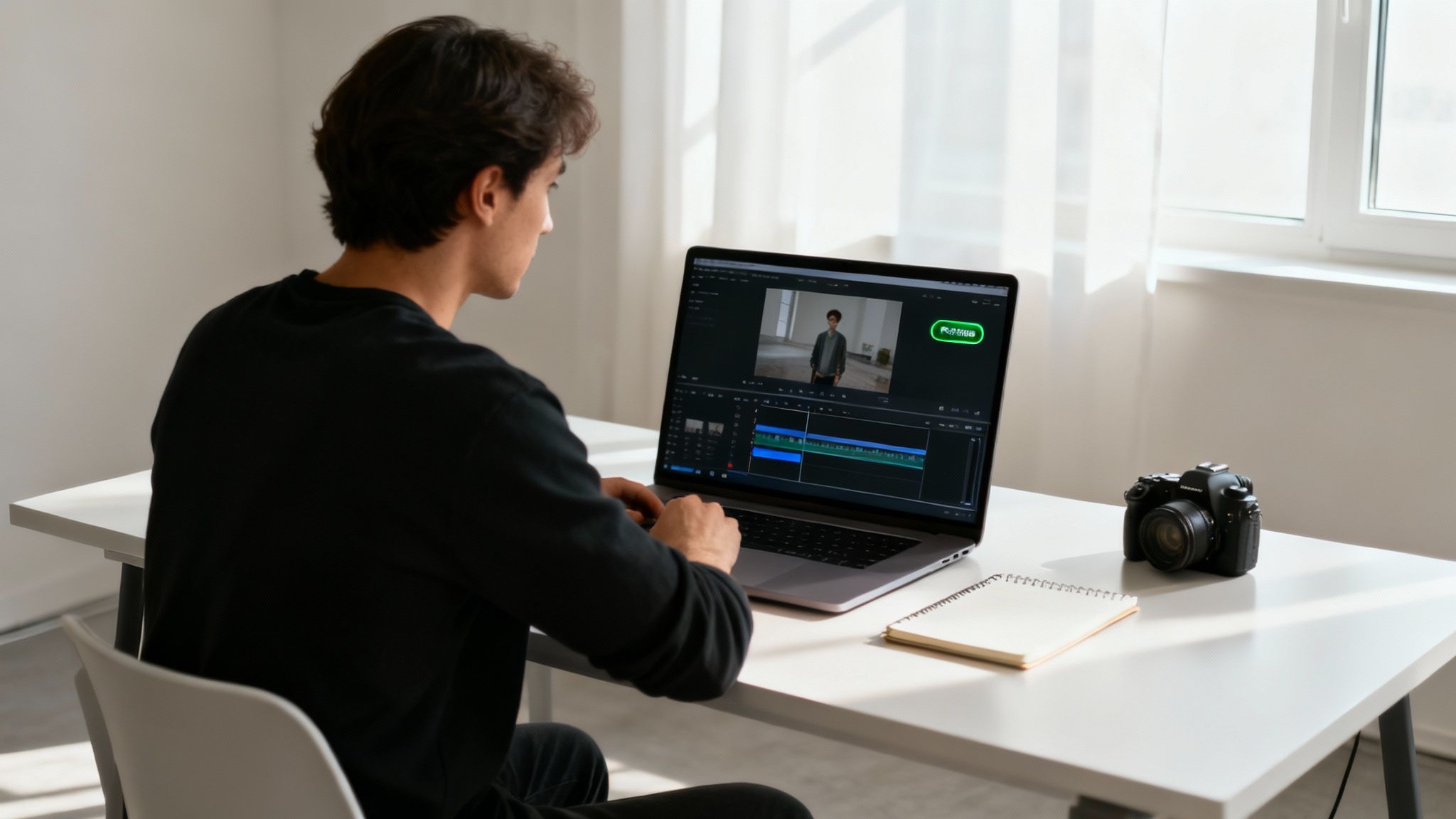 Person editing video on laptop with timeline software showing professional video production workspace