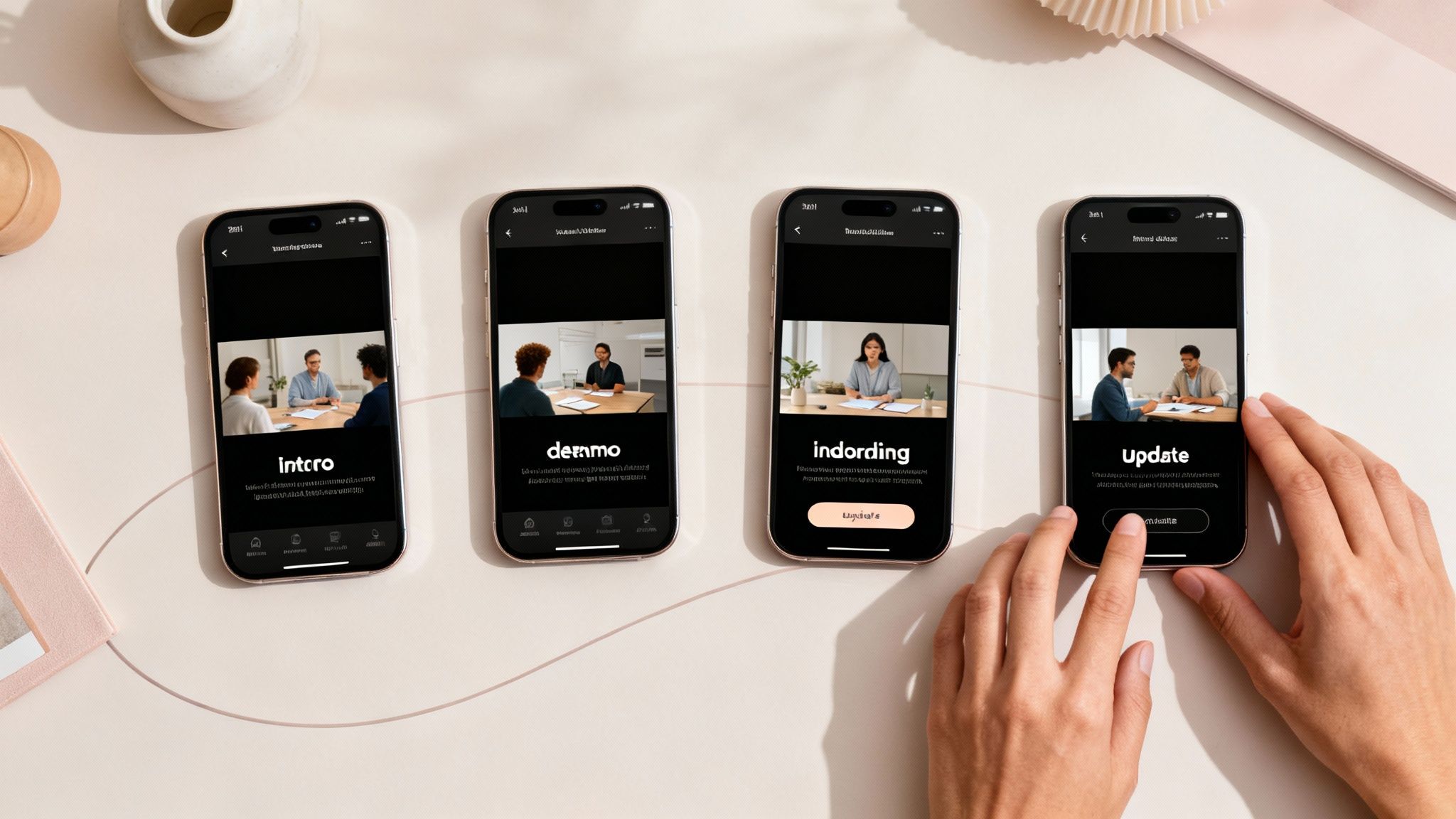 Four smartphones displaying video presentations on a clean, modern desk, with hands interacting with the screens.