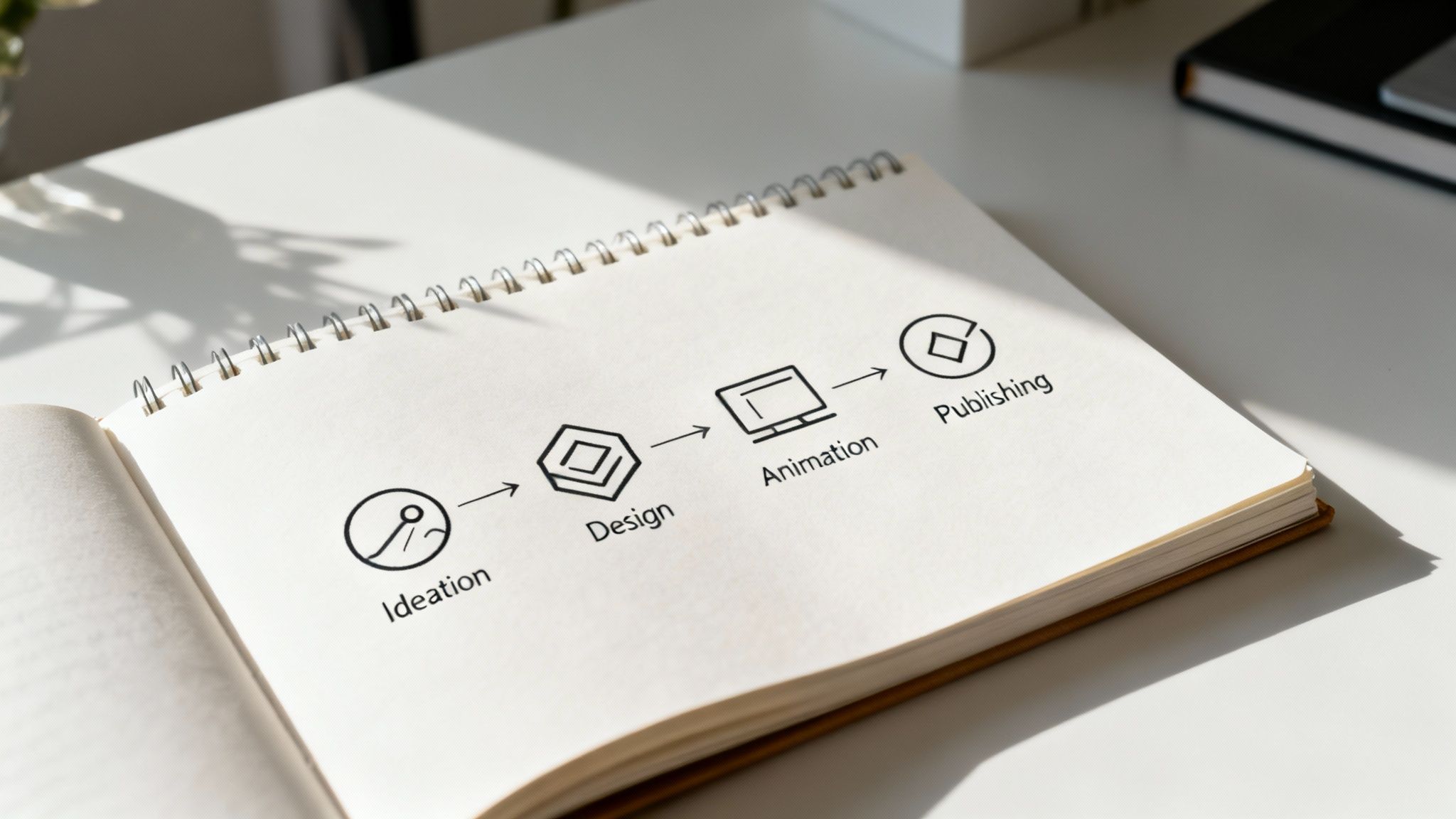 A designer at a desk with creative animation tools and sketches, illustrating the animation process.