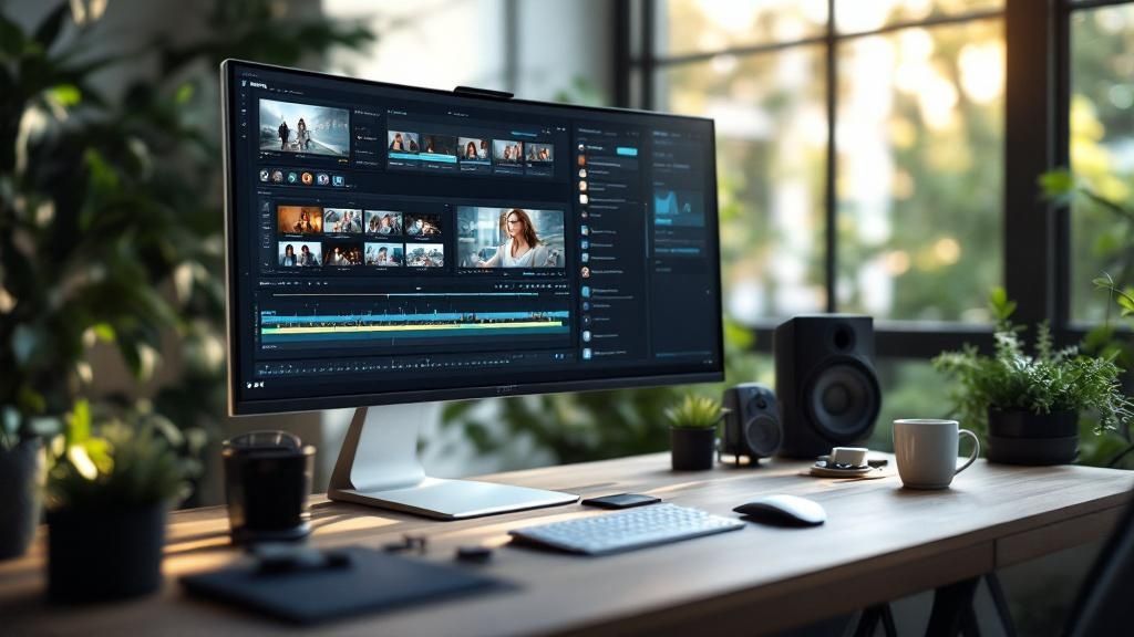 Three professionals collaborating on a video project on a laptop.