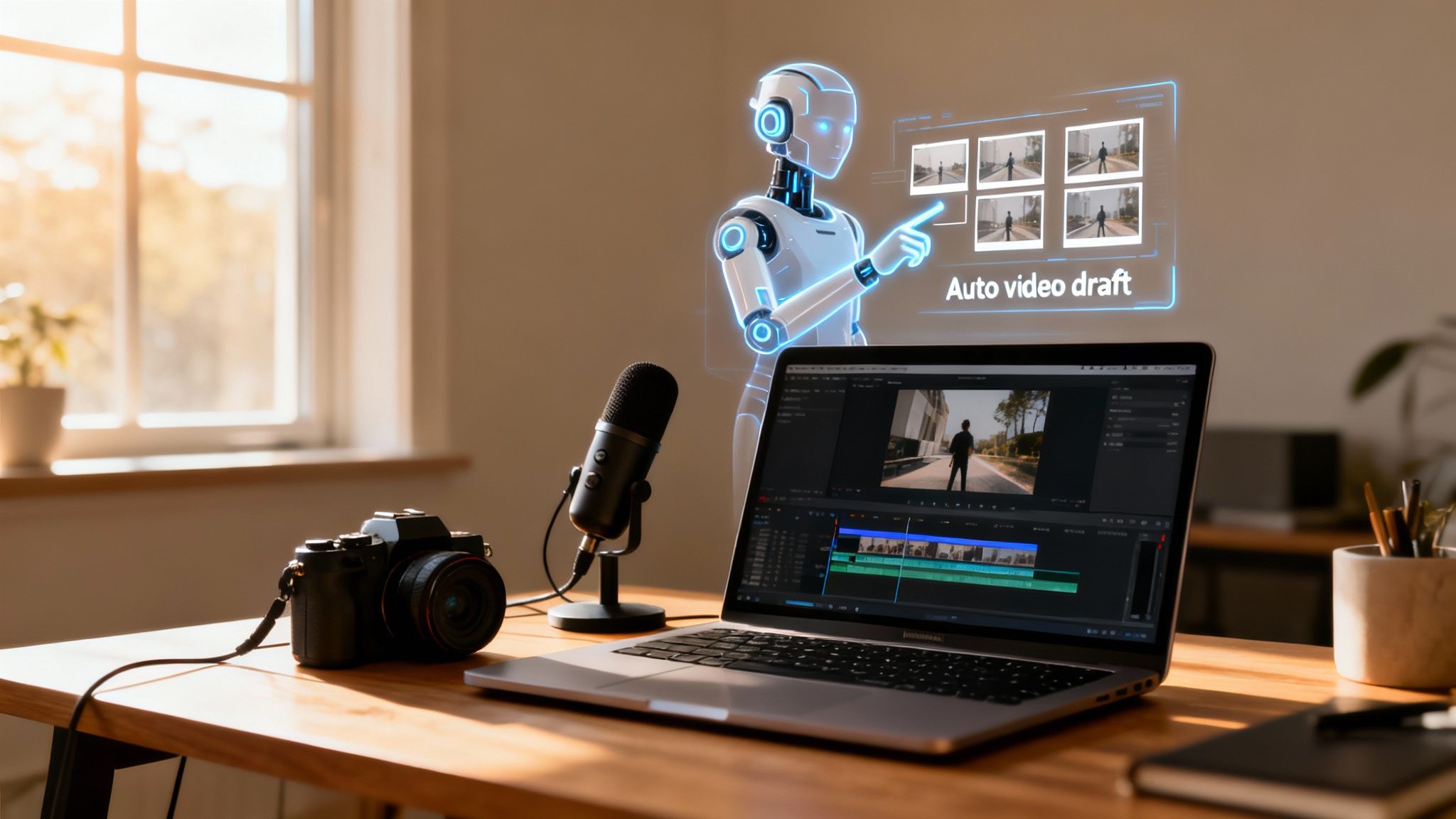 An AI robot helps edit a video on a laptop with a camera and microphone on a wooden desk.