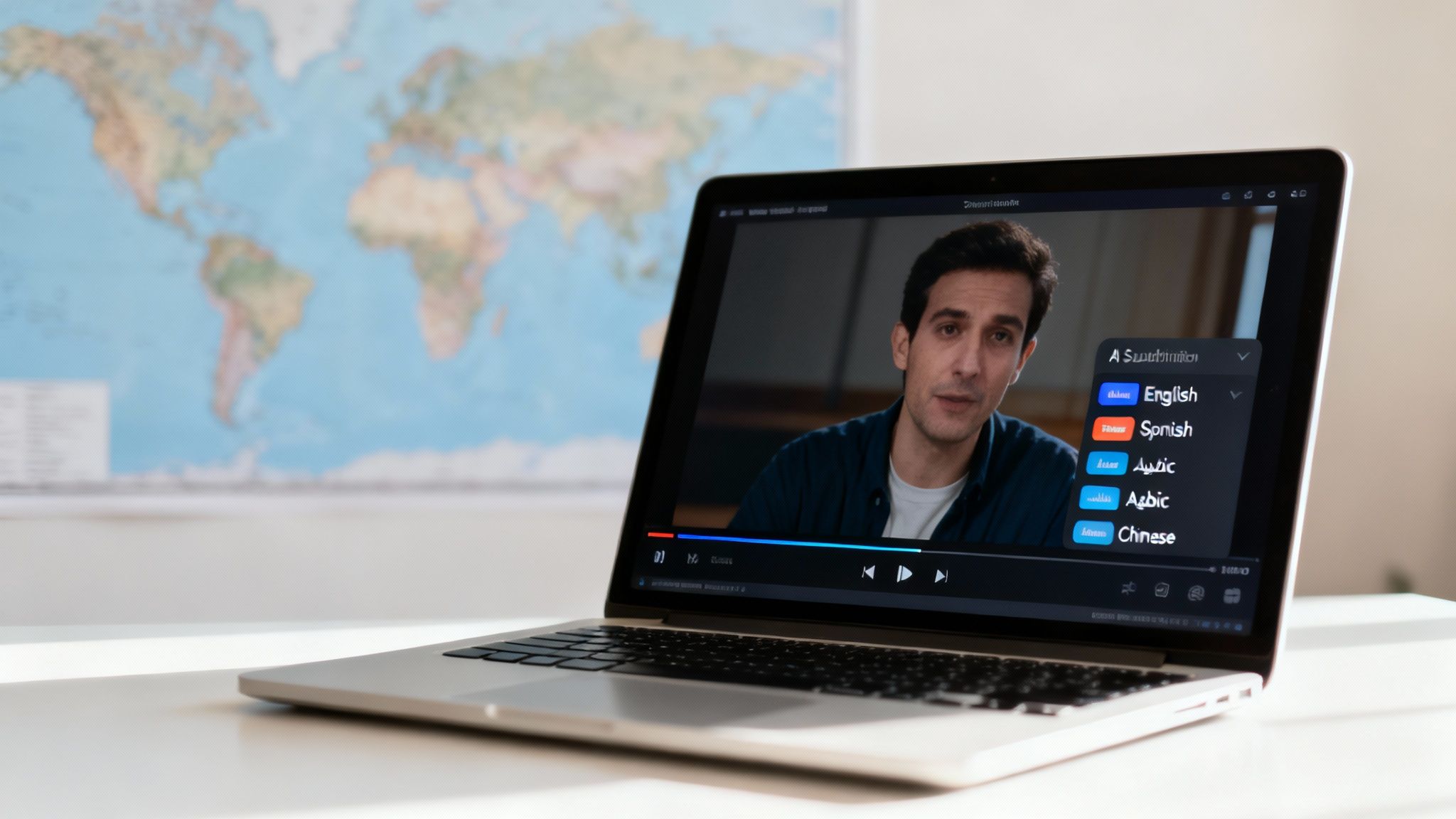 A laptop screen displays a man speaking in a video lesson with multi-language subtitle options, foregrounding a world map.