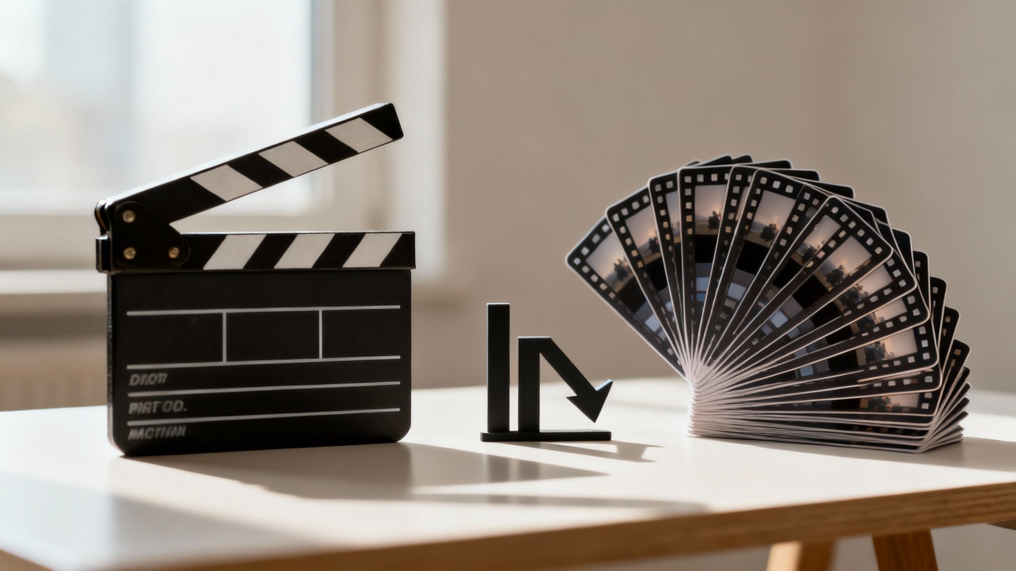 A film clapperboard, a downward trend graph, and film strips symbolizing decline in the video industry.