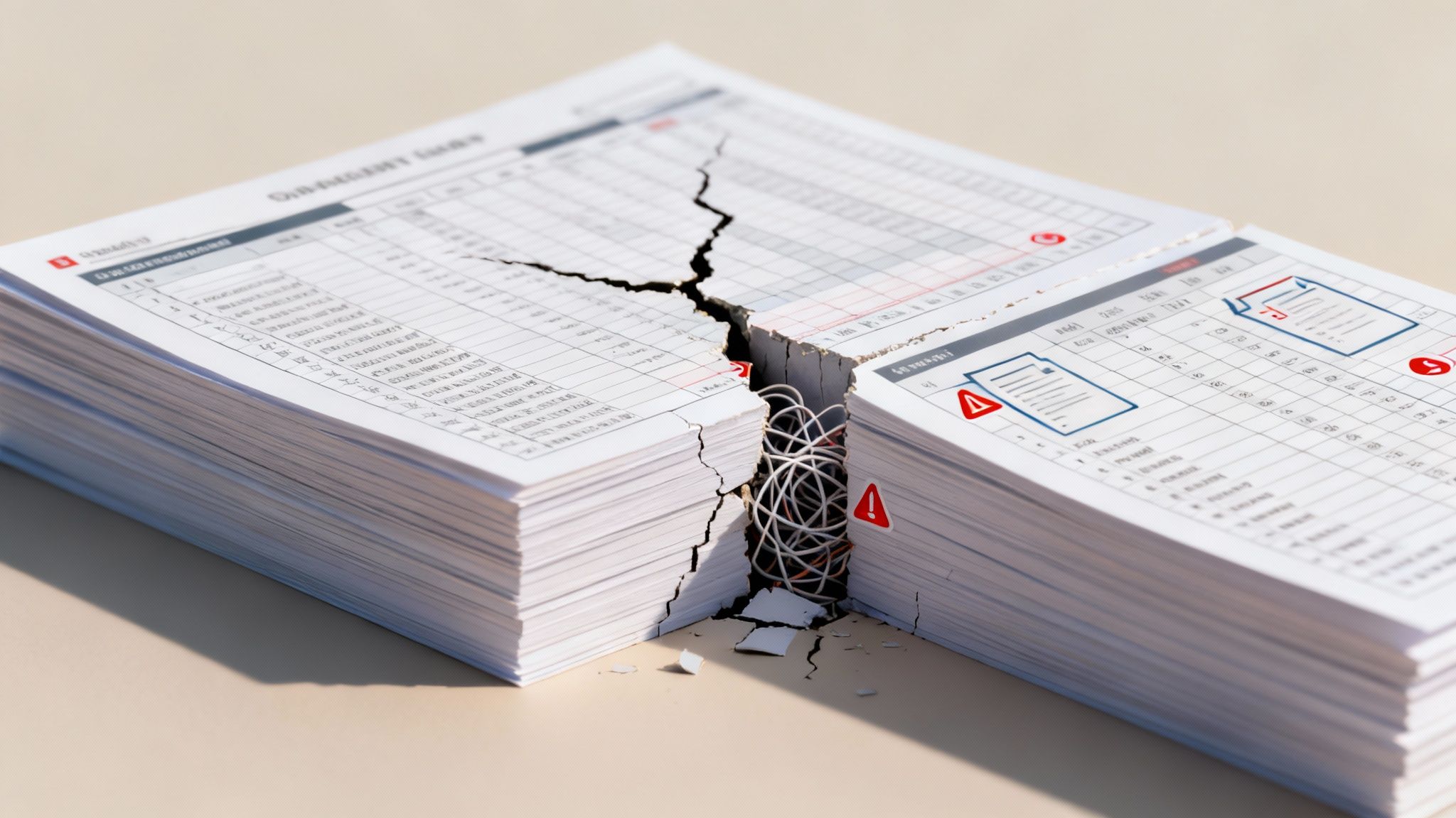 Stack of business charts cracked in half, revealing tangled wires and warning symbols.