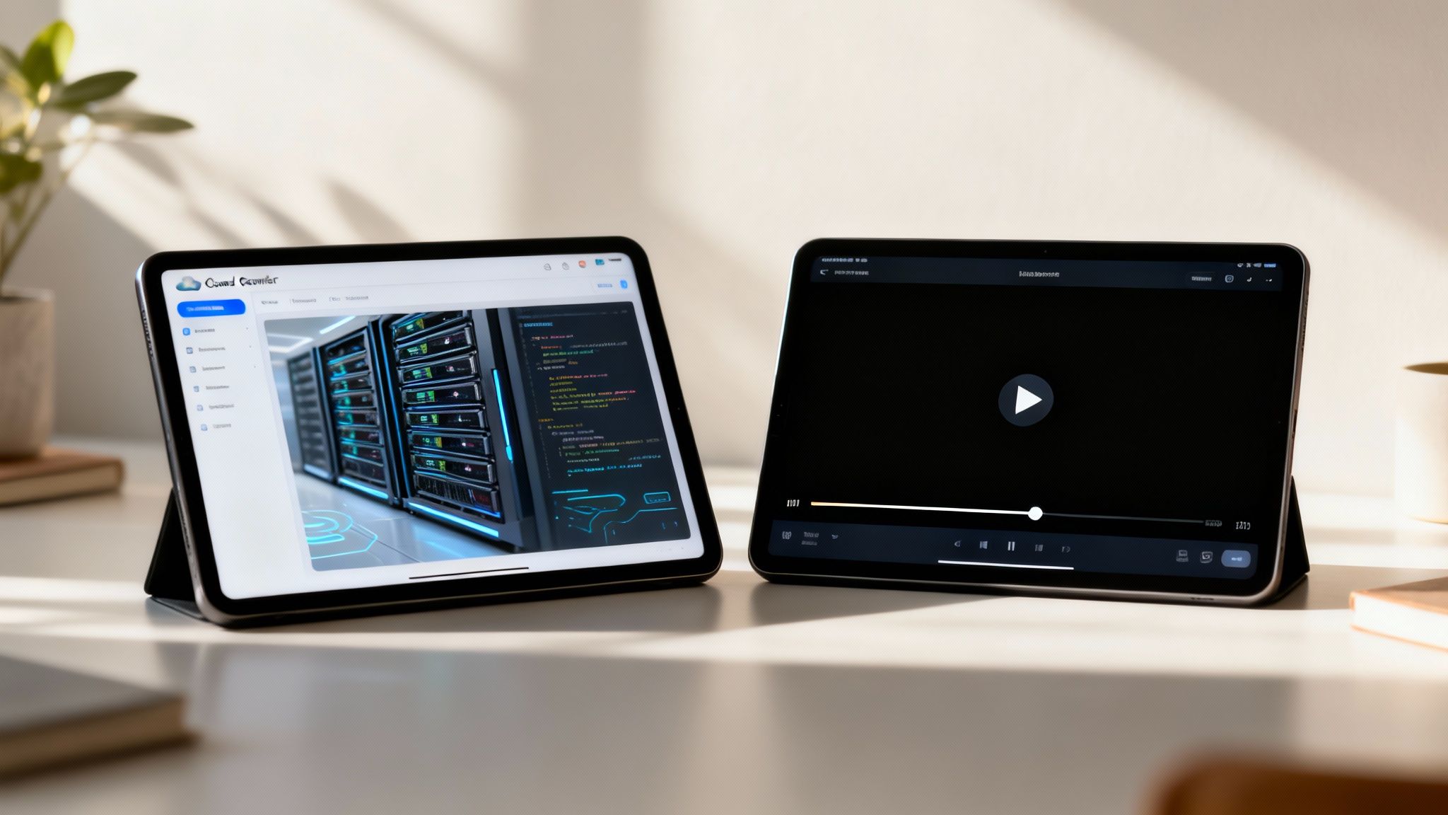 Two tablets on a desk, one displaying a cloud computing interface, a video player.