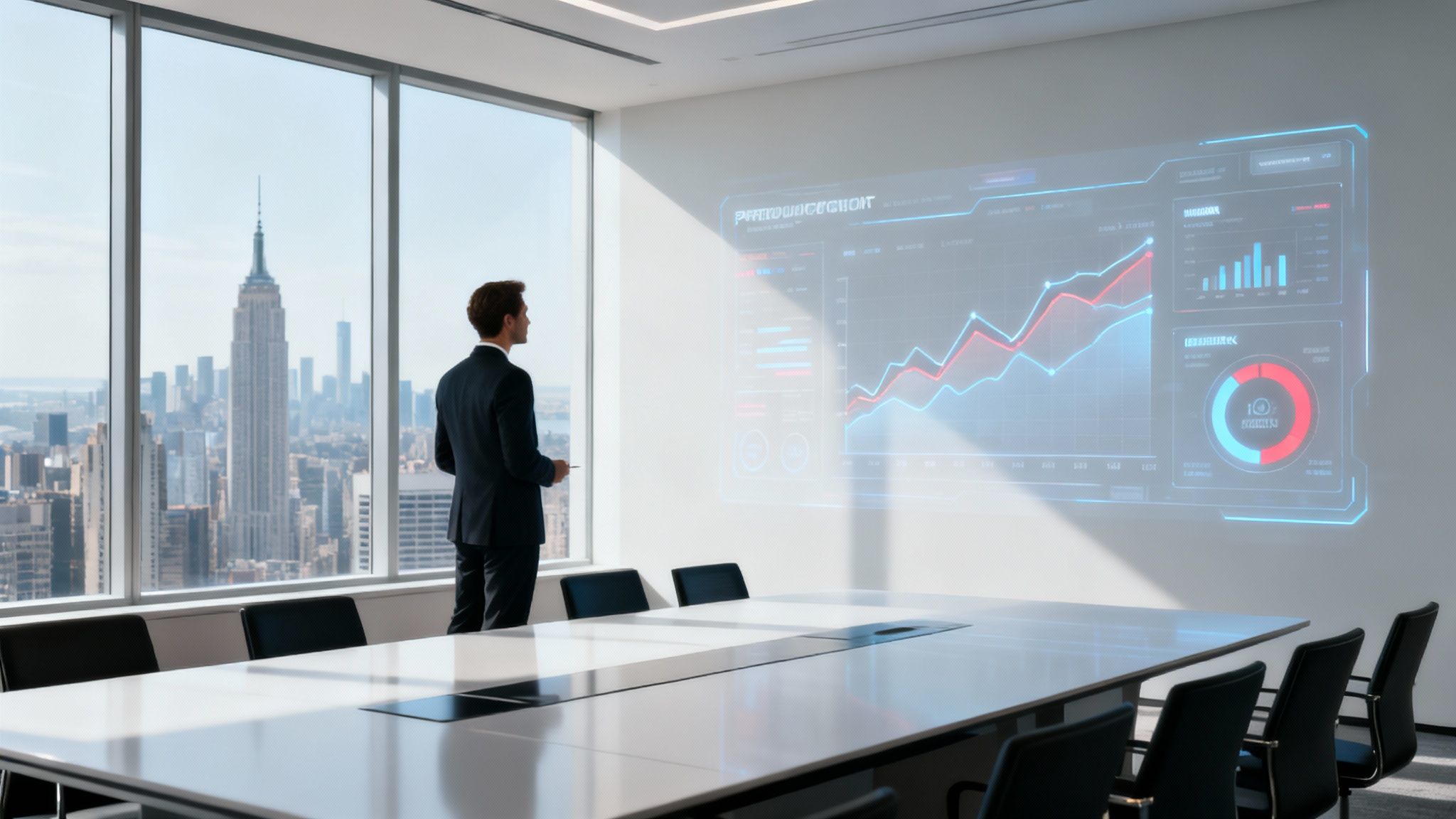 Businessman in suit analyzing data on a large holographic screen in a modern skyscraper office.