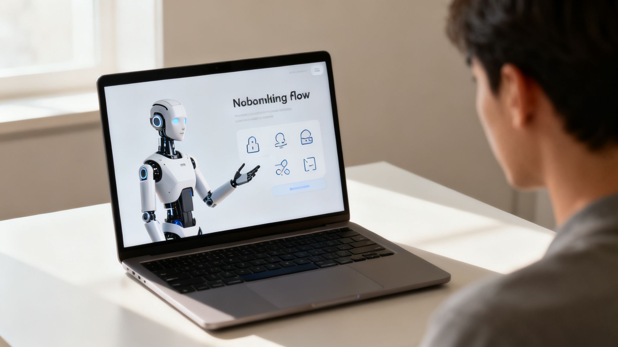 A person looking at a laptop with a modern AI robot and interactive flow on screen.