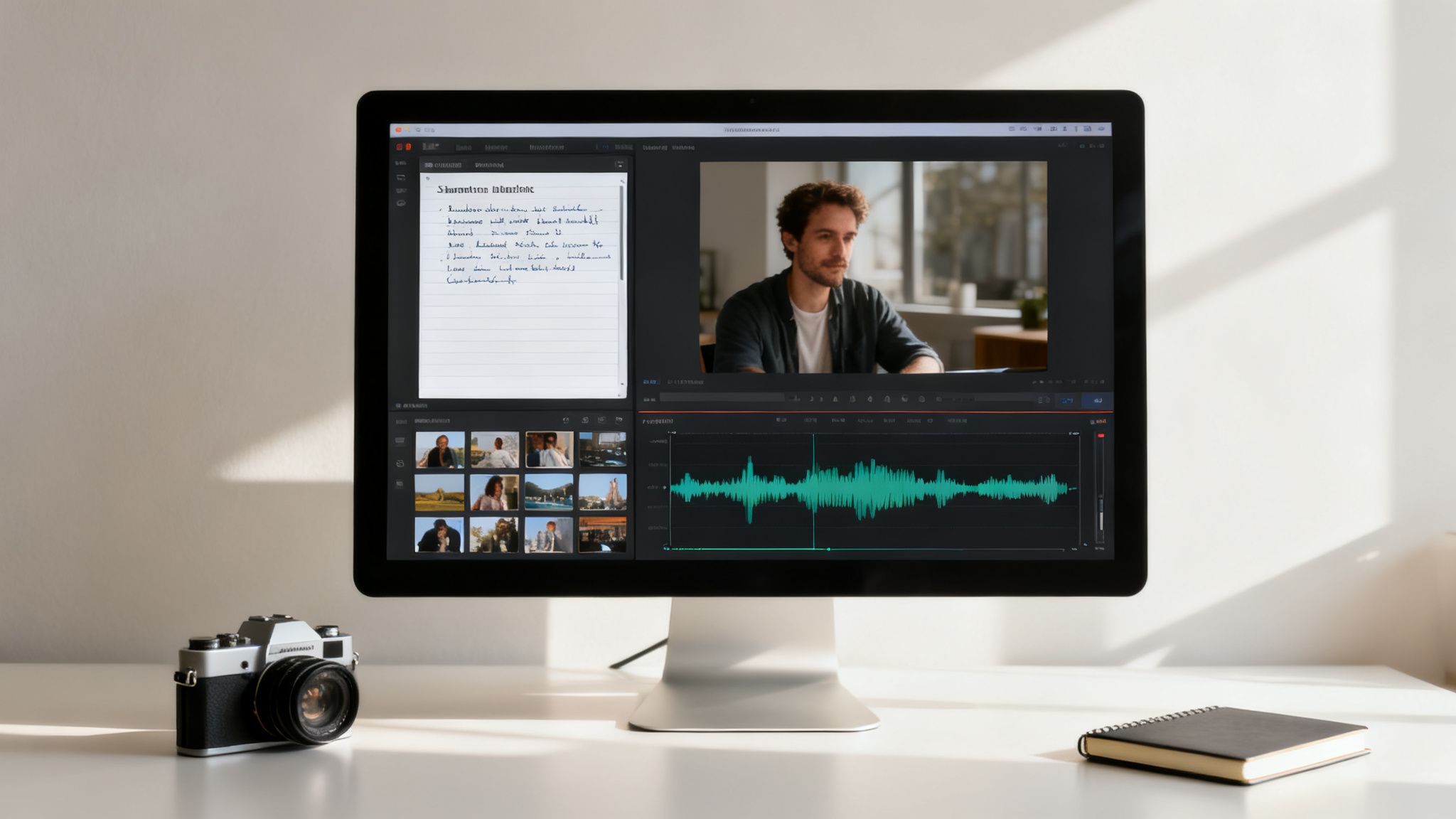 A computer monitor displays video editing software with a man, notes, and audio waveform, next to a vintage camera.
