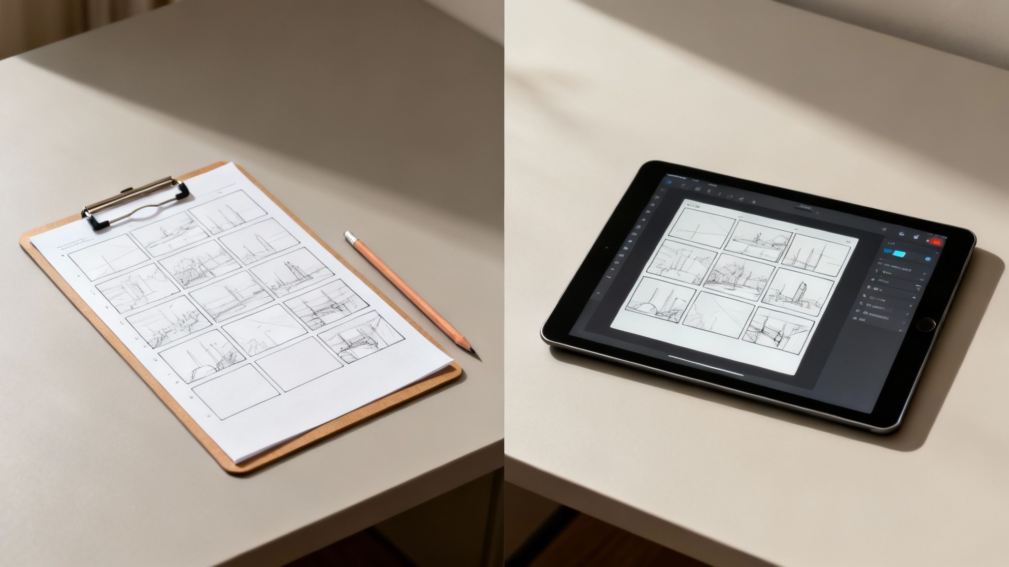 A split image showing a hand-drawn storyboard on the left and a digital storyboard on a tablet on the right.