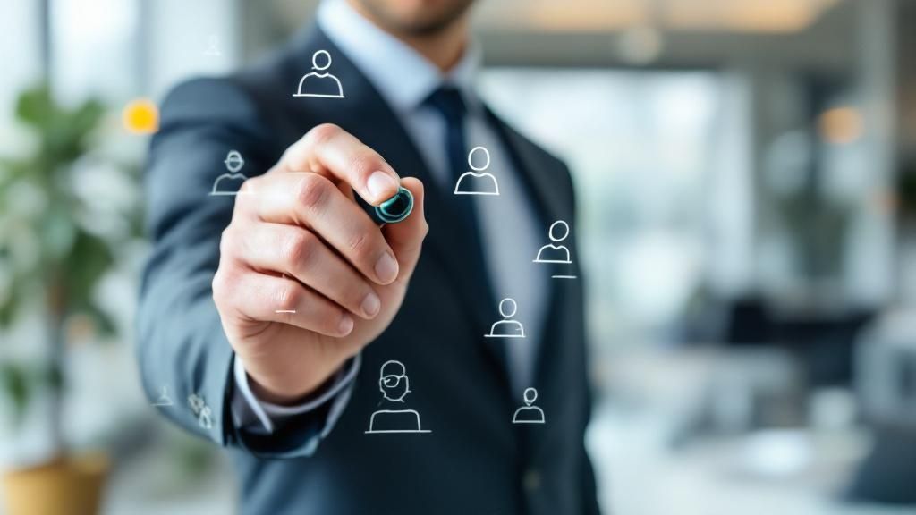 A woman holding a small whiteboard with a pie chart drawn on it, indicating she's working on her marketing strategy.