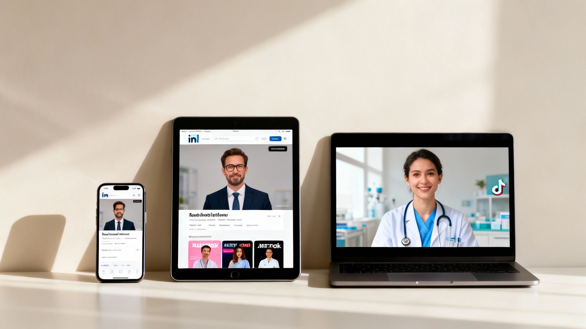 Three digital devices: smartphone, tablet, and laptop, displaying professional online profiles and a video call.