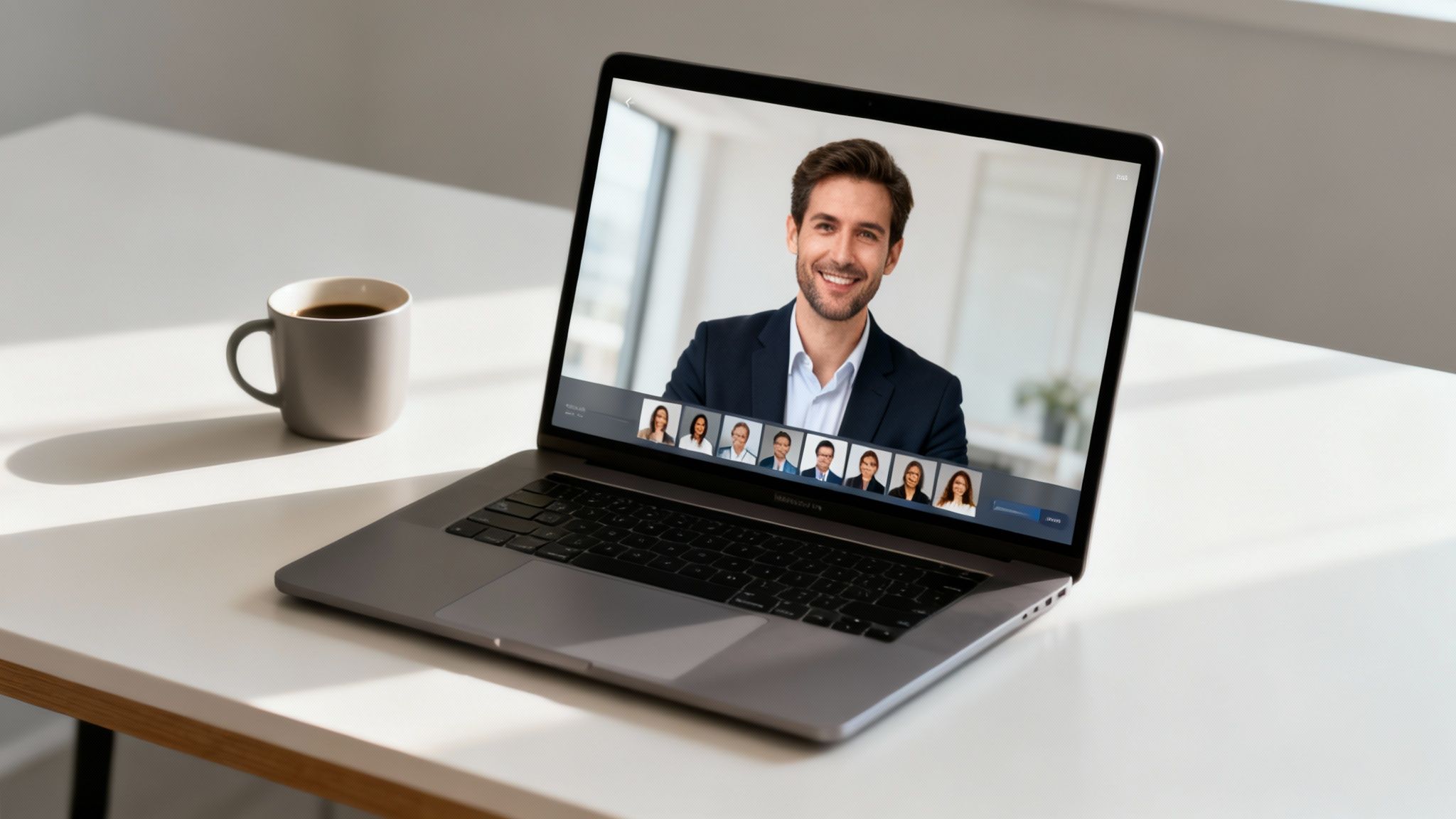A laptop on a white desk displays a video conference call with a smiling man and multiple participants.
