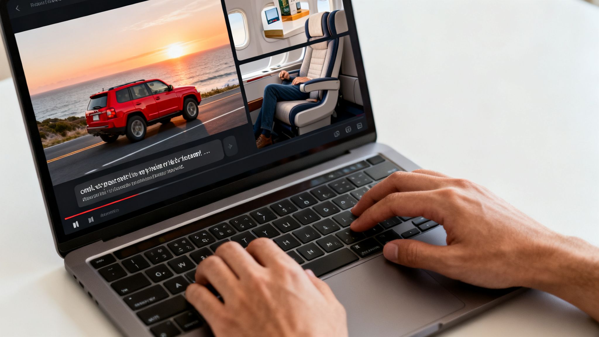 Person typing on a laptop showing a split screen with a red SUV on a road and an airplane cabin.