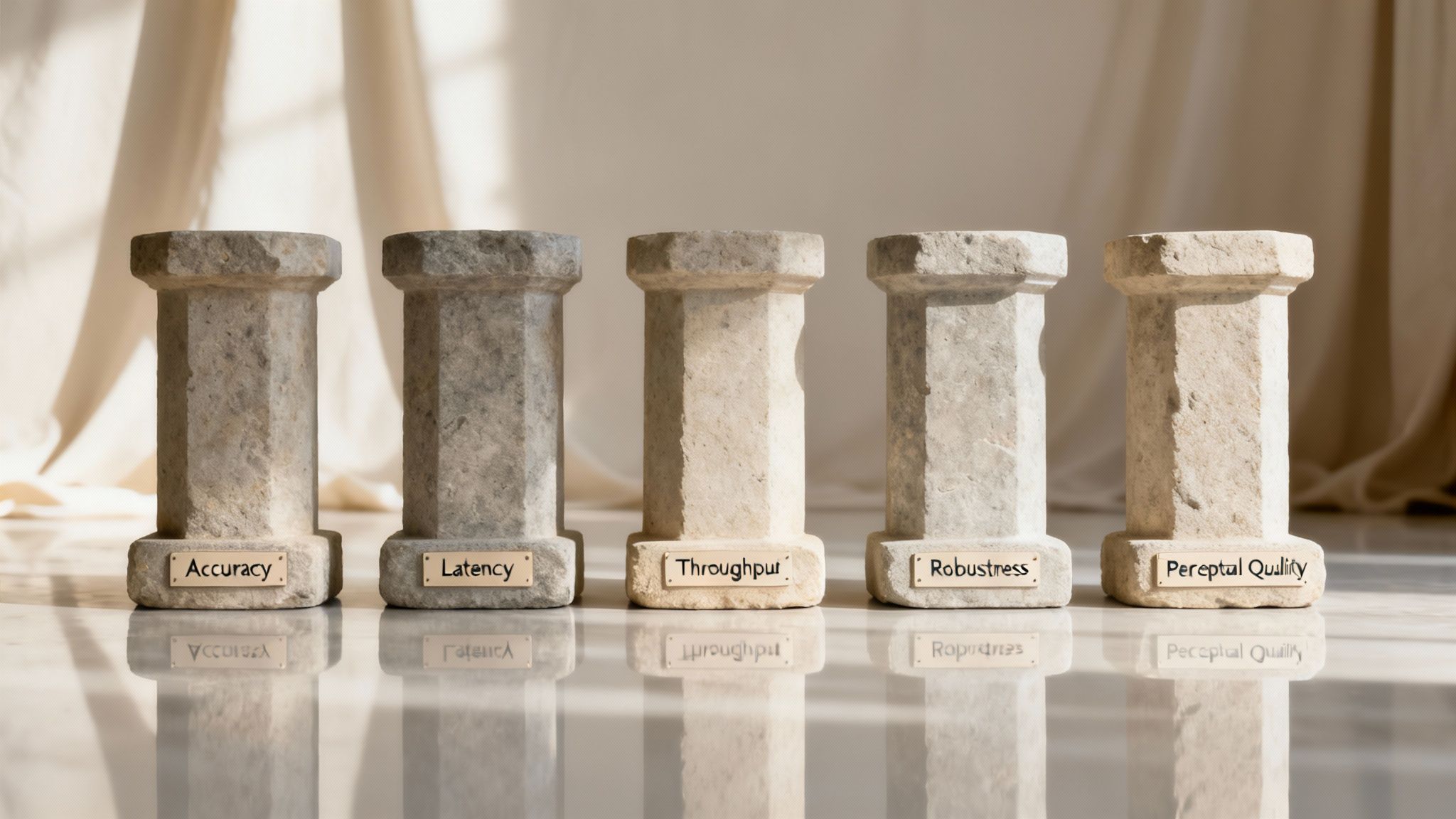 Five stone pillars represent AI performance metrics: Accuracy, Latency, Throughput, Robustness, Perceptual Quality.