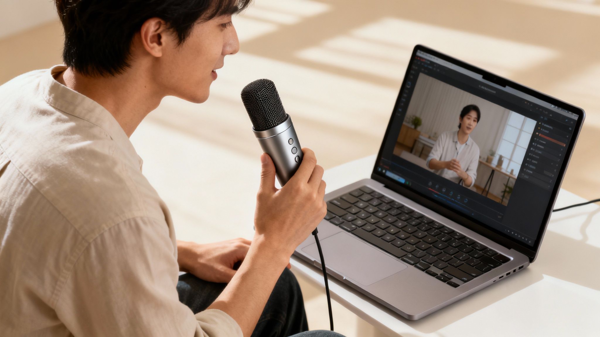A person recording a voice over into a professional microphone in a home studio setup.