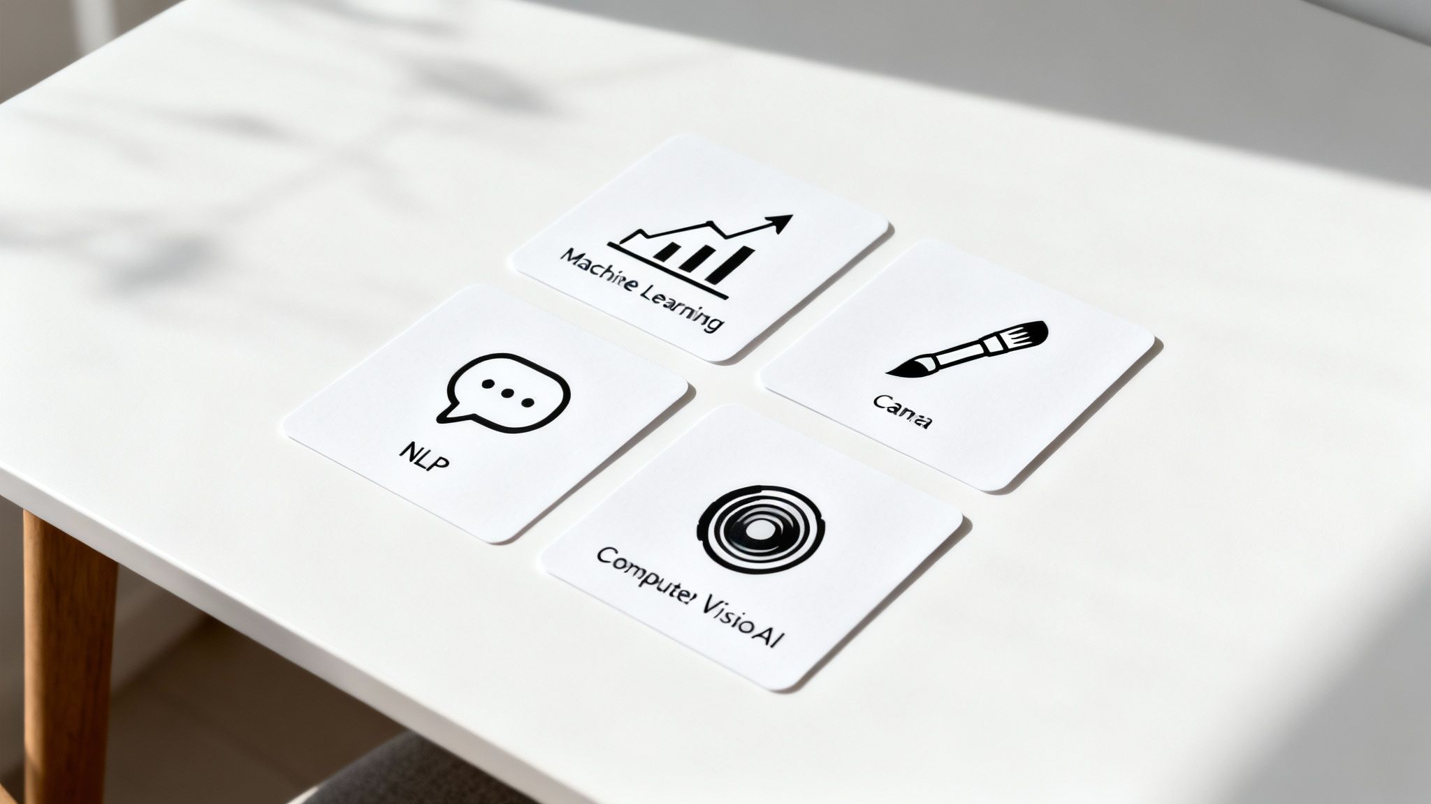 Four white cards on a table displaying AI concepts: Machine Learning, NLP, Computer Visio AI, and Cana.