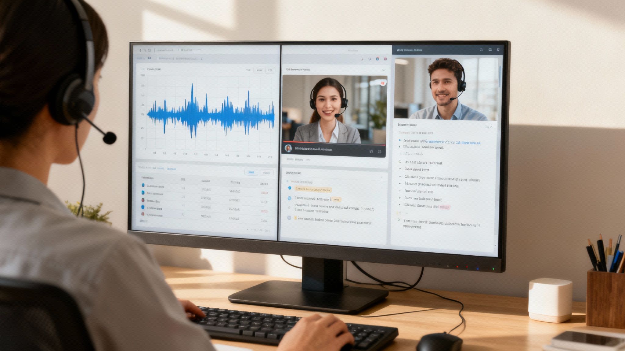 A diverse group of customer service professionals in a modern office analyzing data on a large screen.