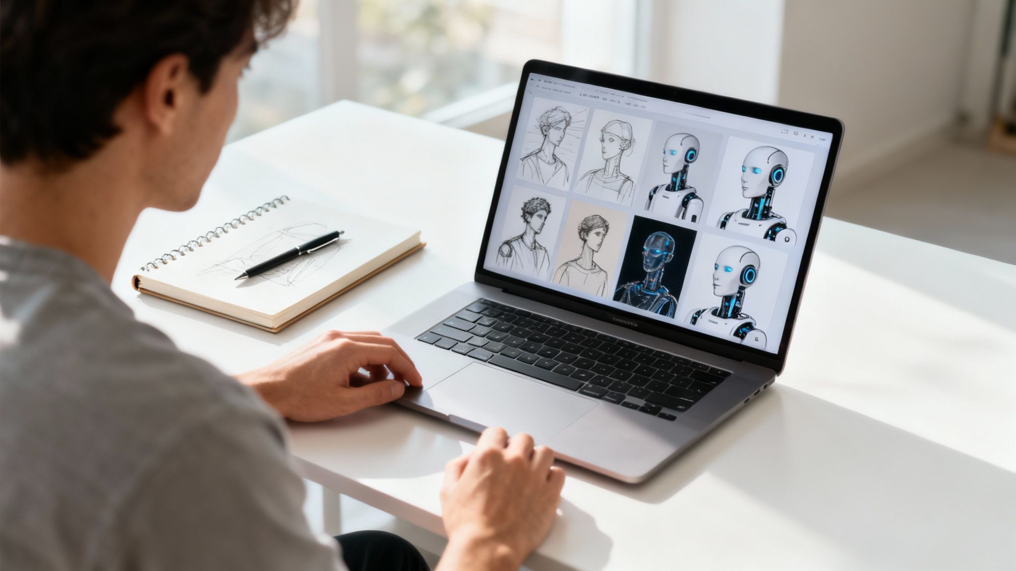 A diverse creative team collaborates around a table with holographic AI interfaces displaying data and content ideas.